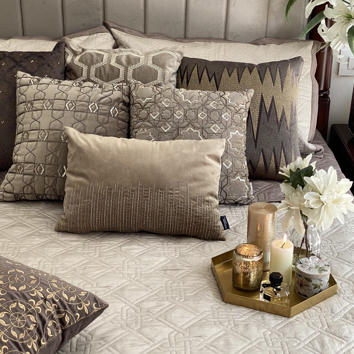 Quilted Beige and Taupe Gizmo Reversible Bedspread