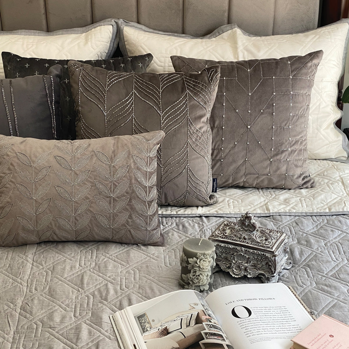 Quilted Grey Chambray And Ivory Gizmo Reversible Bedspread