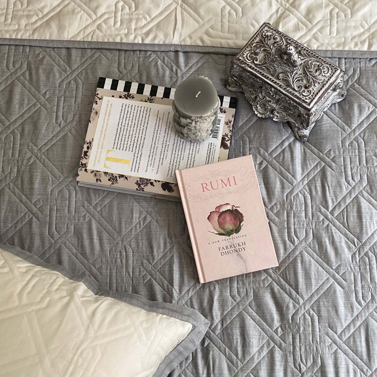 Quilted Grey Chambray And Ivory Gizmo Reversible Bedspread