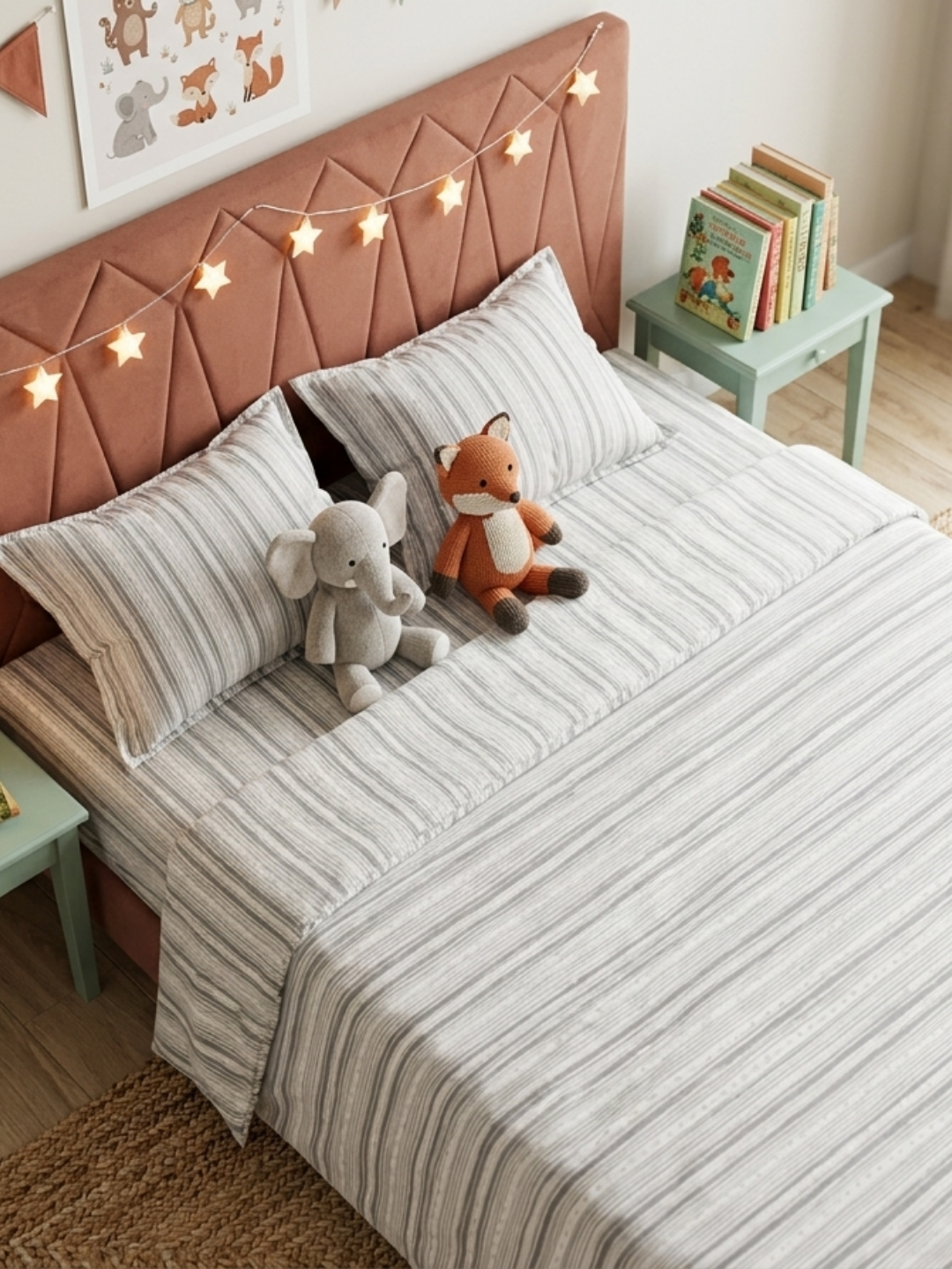 Grey Stripes Ivory Printed Cotton Bedsheet Set