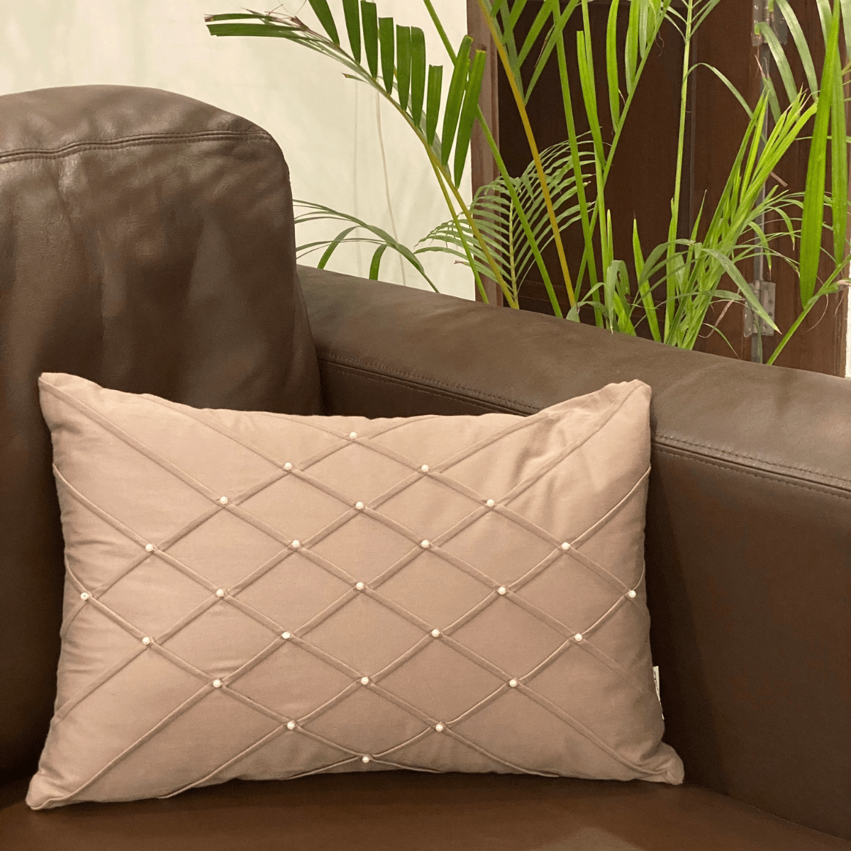 Decorative Grid Taupe Cotton Cushion Cover 12x18