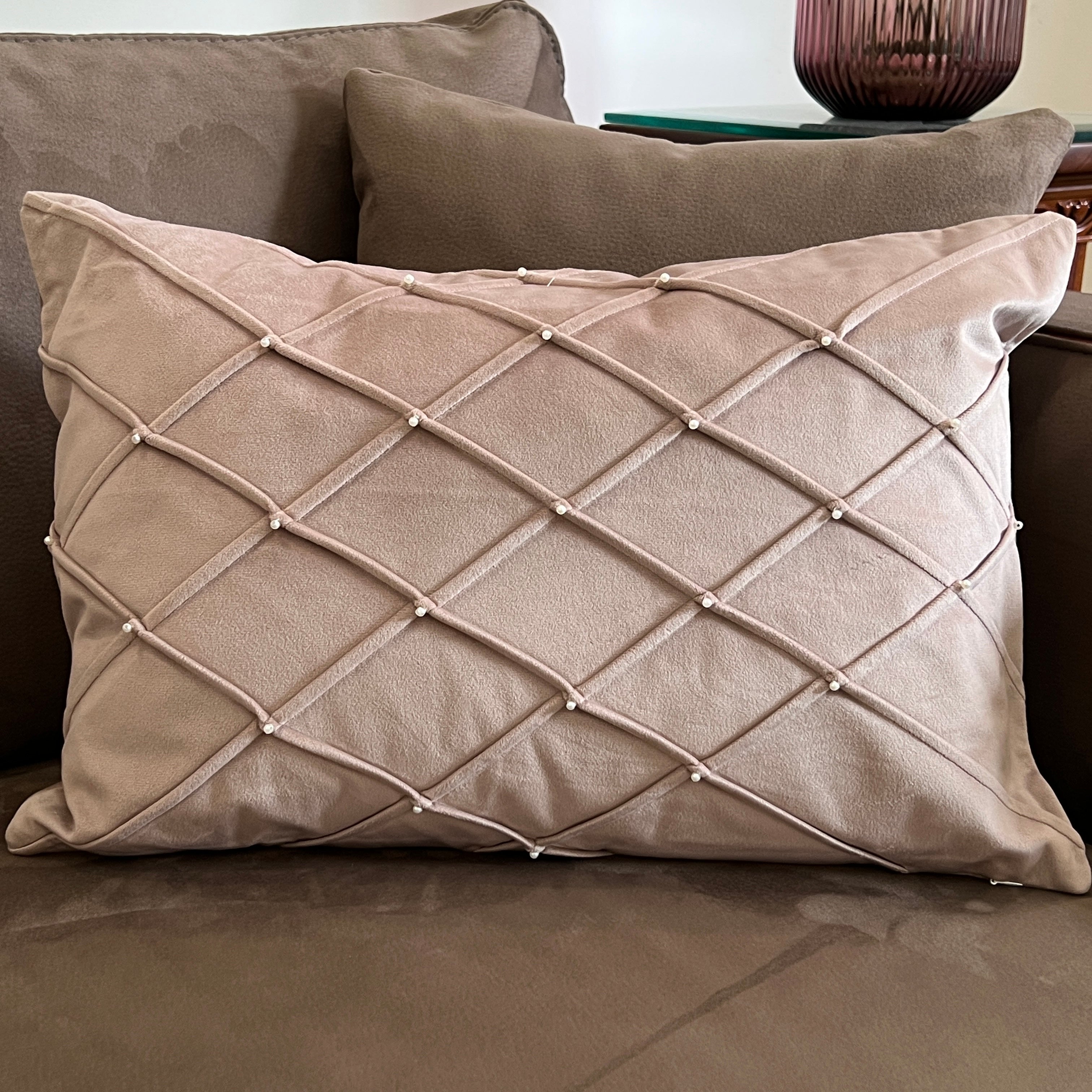 Decorative Grid Onion Pink Velvet Cushion Cover 12x18