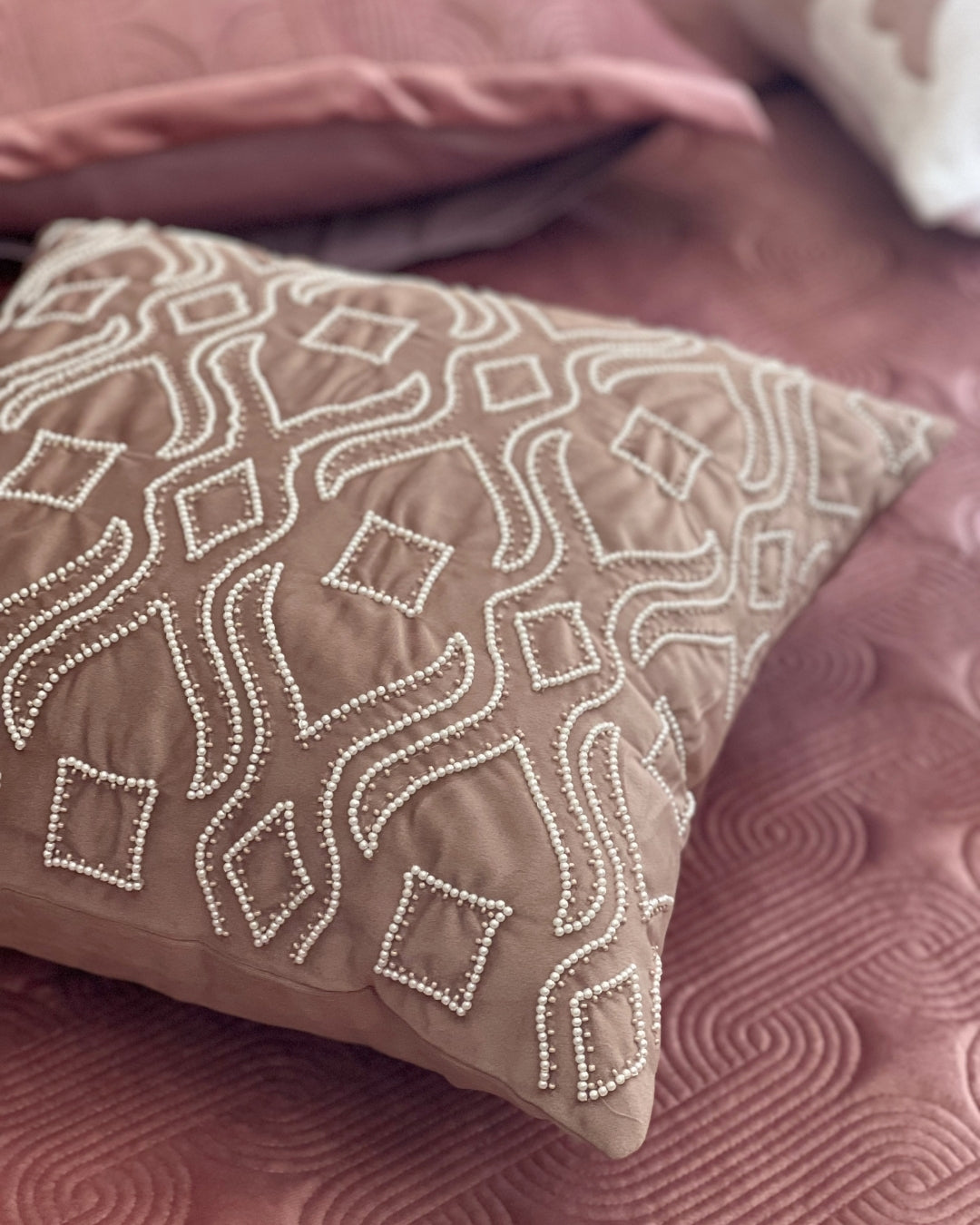 Decorative Harlie Buff Velvet Hand Embroidered Cushion Cover 16x16