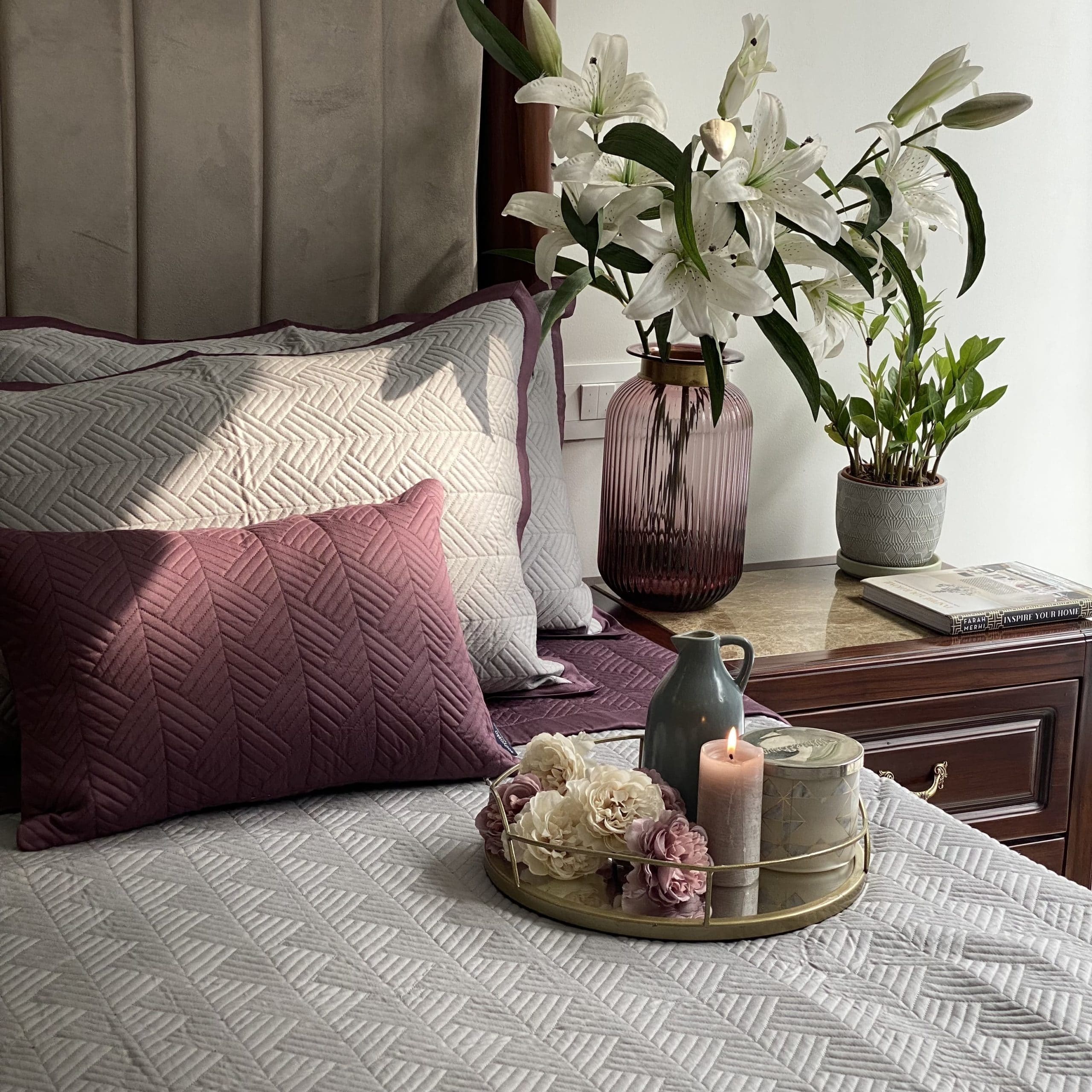 Sandstone Grey and Mauve Vector Reversible Bedspread