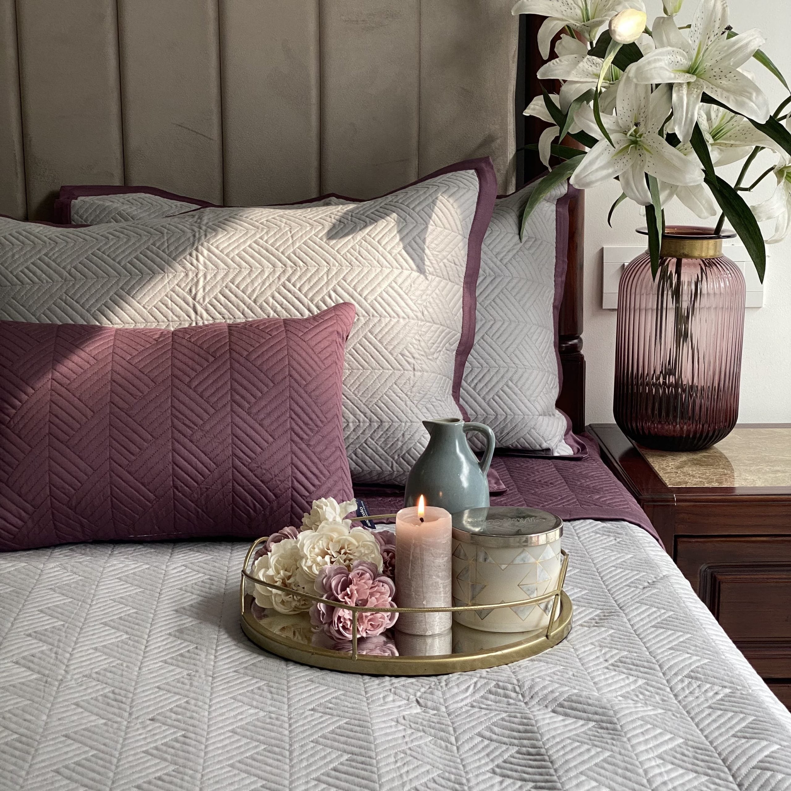 Sandstone Grey and Mauve Vector Reversible Bedspread