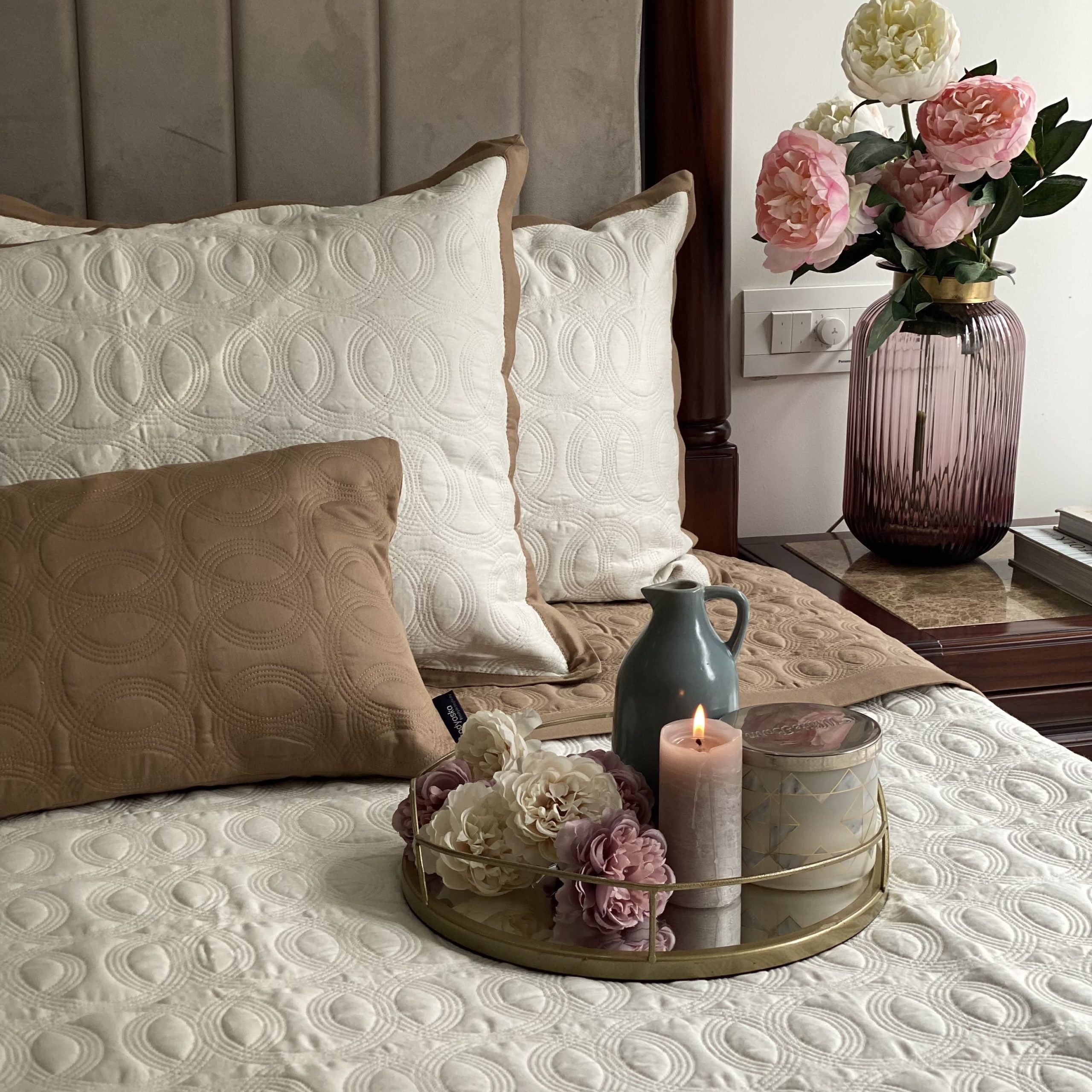 Hazel Beige and Ivory Spiral Reversible Bedspread