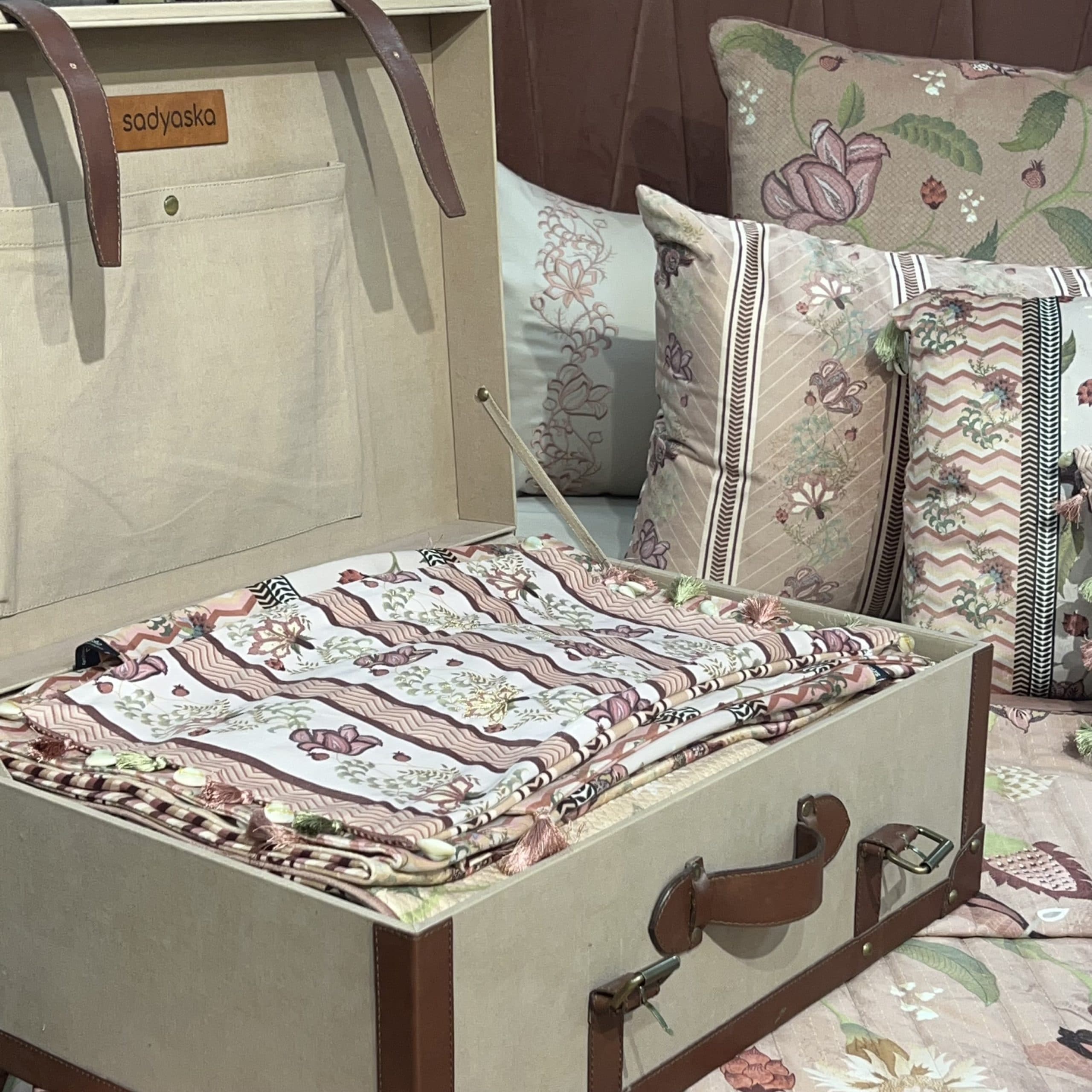Beige Canvas Trunk with Leather