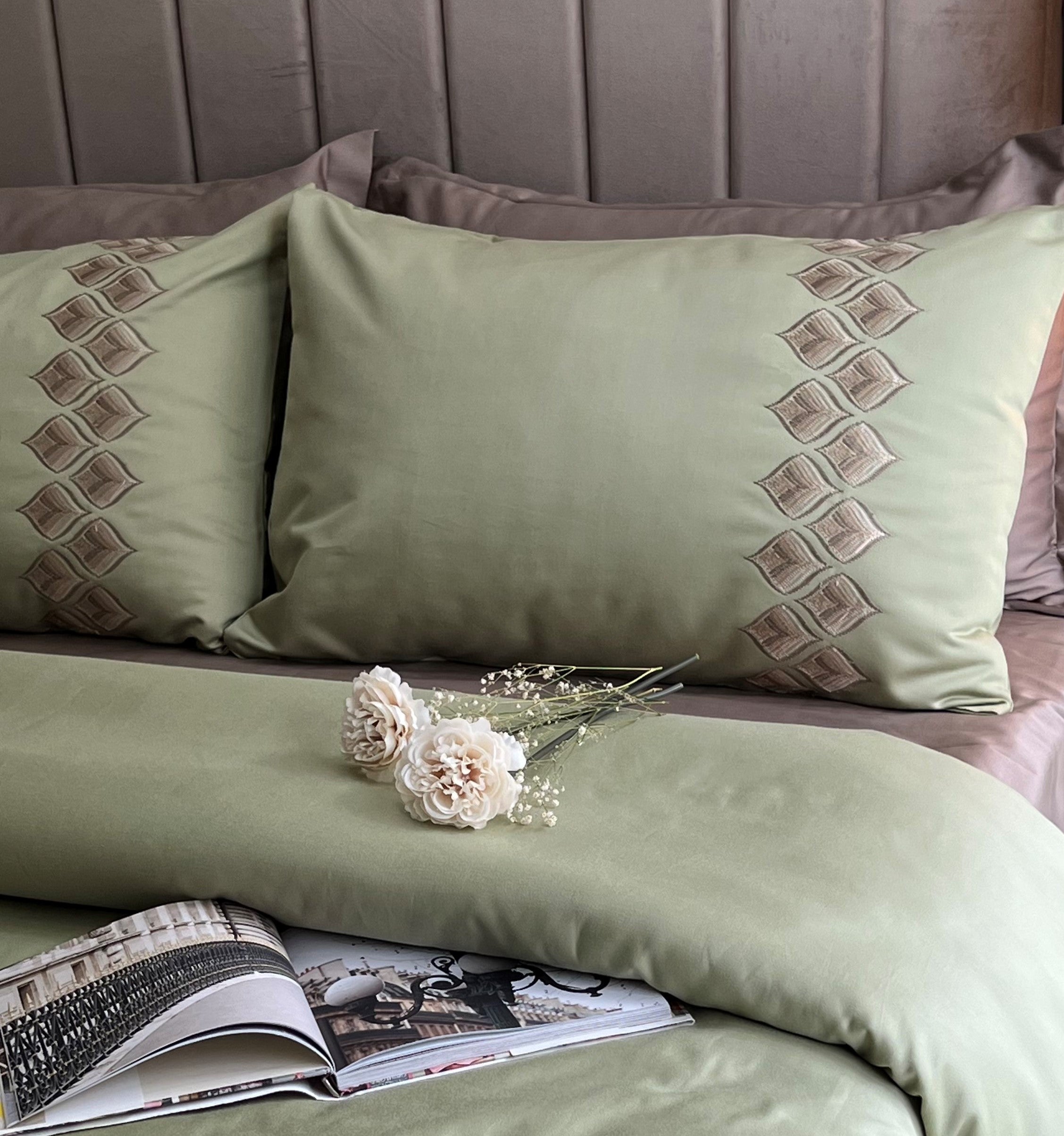 Leaflet Lime Green Embroidered Cotton Rich Pillow Covers (Set of 02)