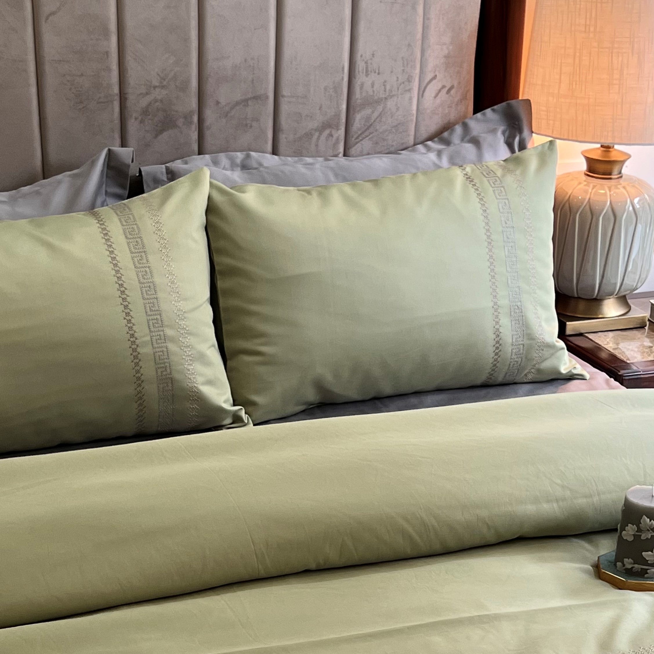 Lucas Lime Green Embroidered Cotton Rich Pillow Covers (Set of 02)