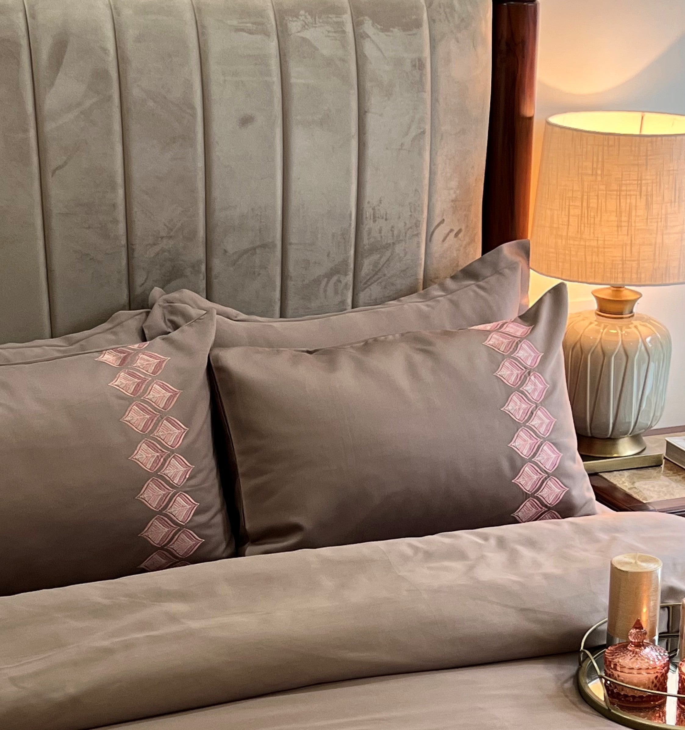 Leaflet Taupe Embroidered Cotton Rich Pillow Covers (Set of 02)