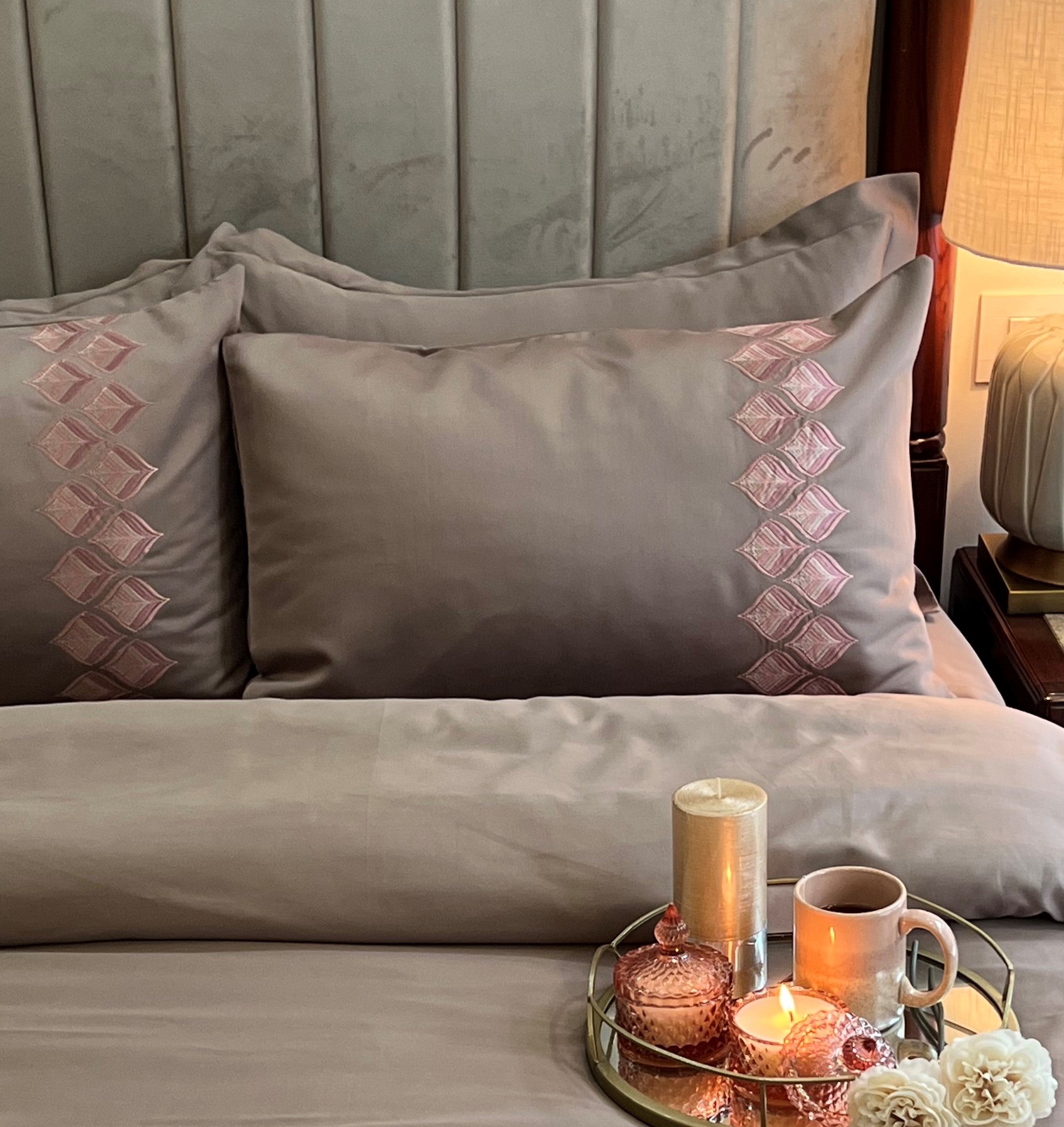 Leaflet Taupe Embroidered Cotton Rich Pillow Covers (Set of 02)