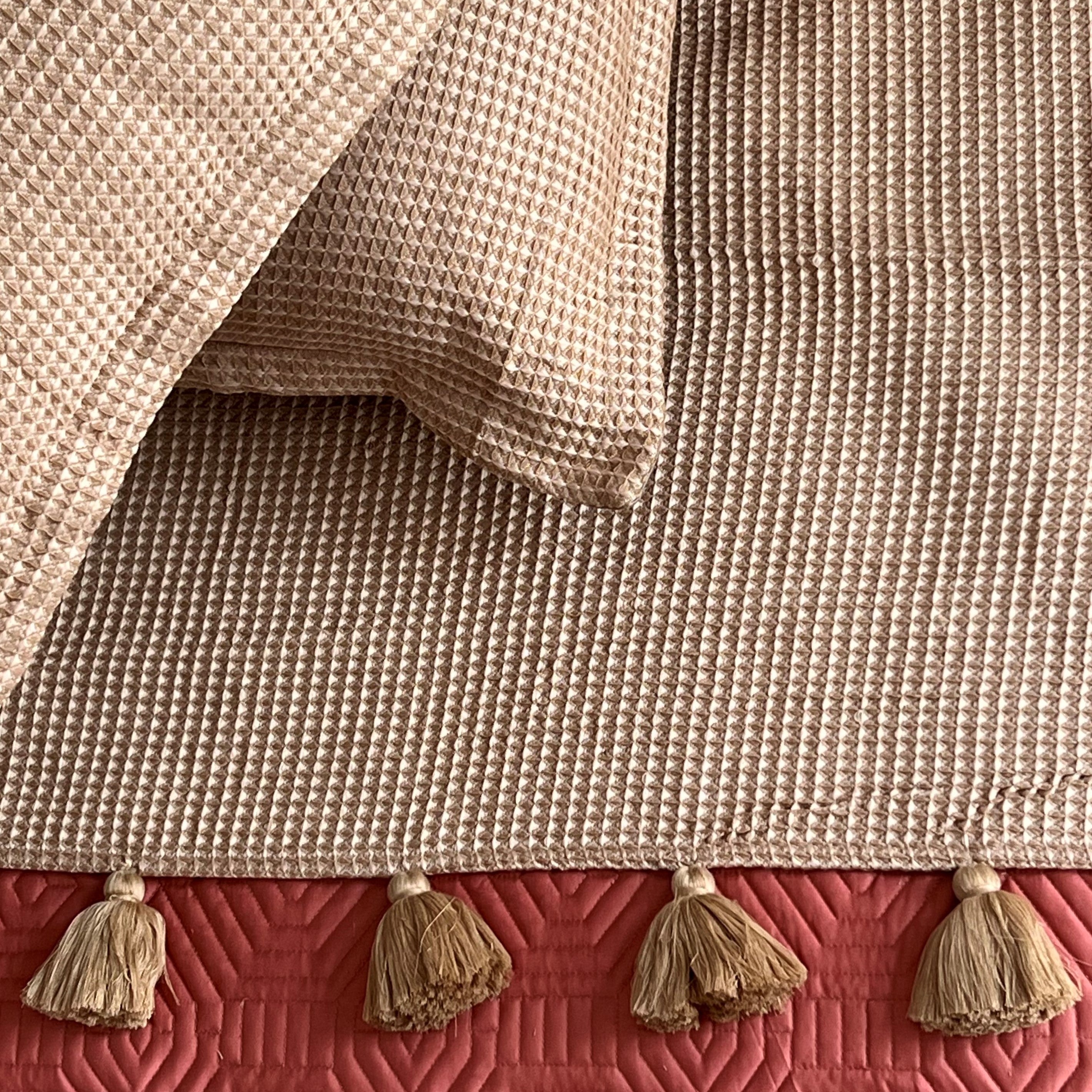 Honeycomb Mocha Textured Woven Bed Runner with Tassels & Matching Euro Shams (Set of 03)