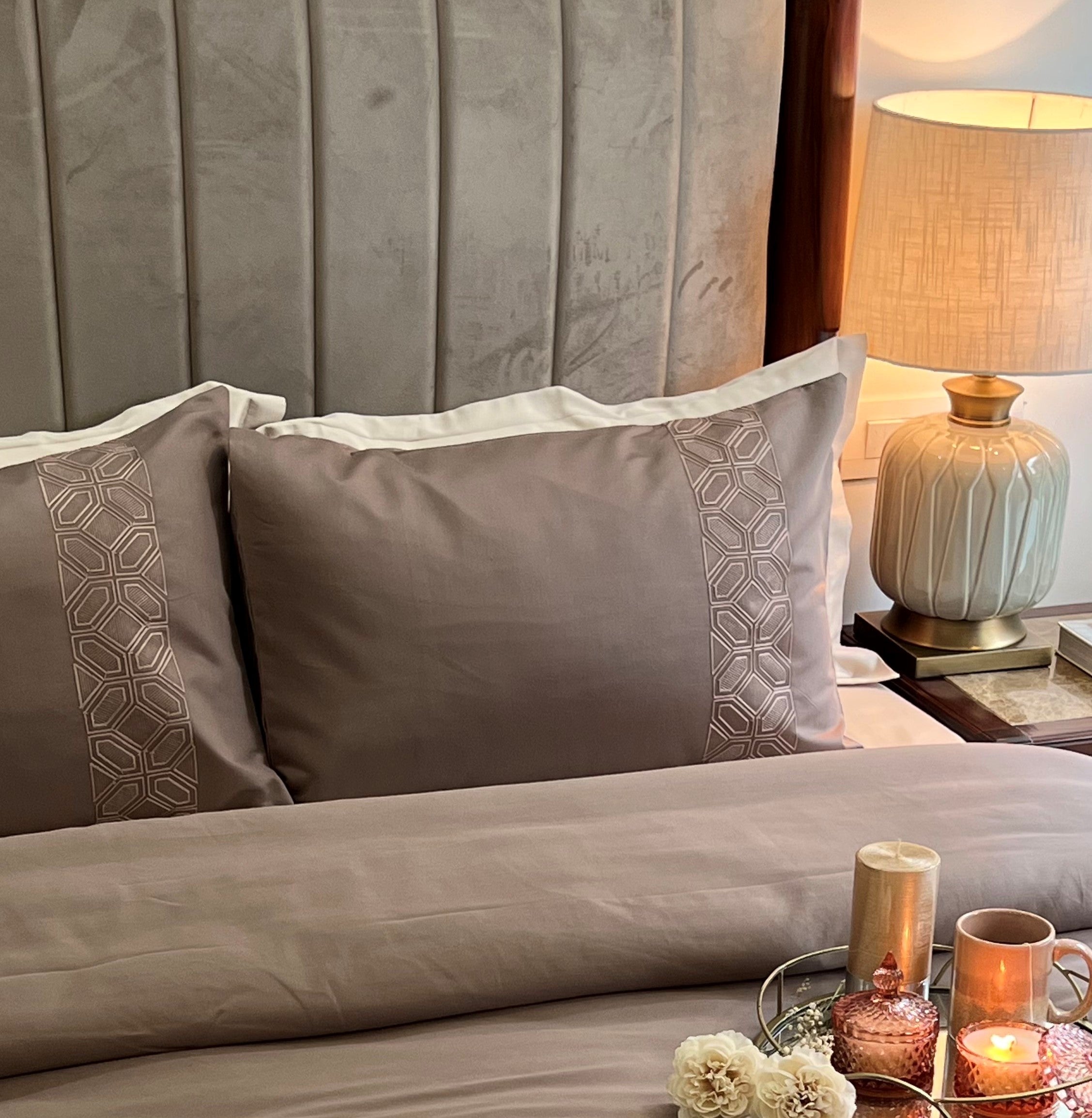 Arc Taupe Embroidered Cotton Rich Pillow Covers (Set of 02)