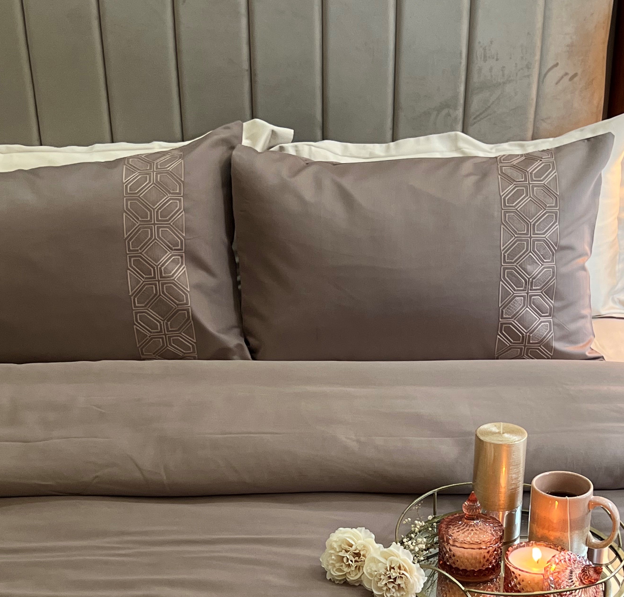 Arc Taupe Embroidered Cotton Rich Pillow Covers (Set of 02)