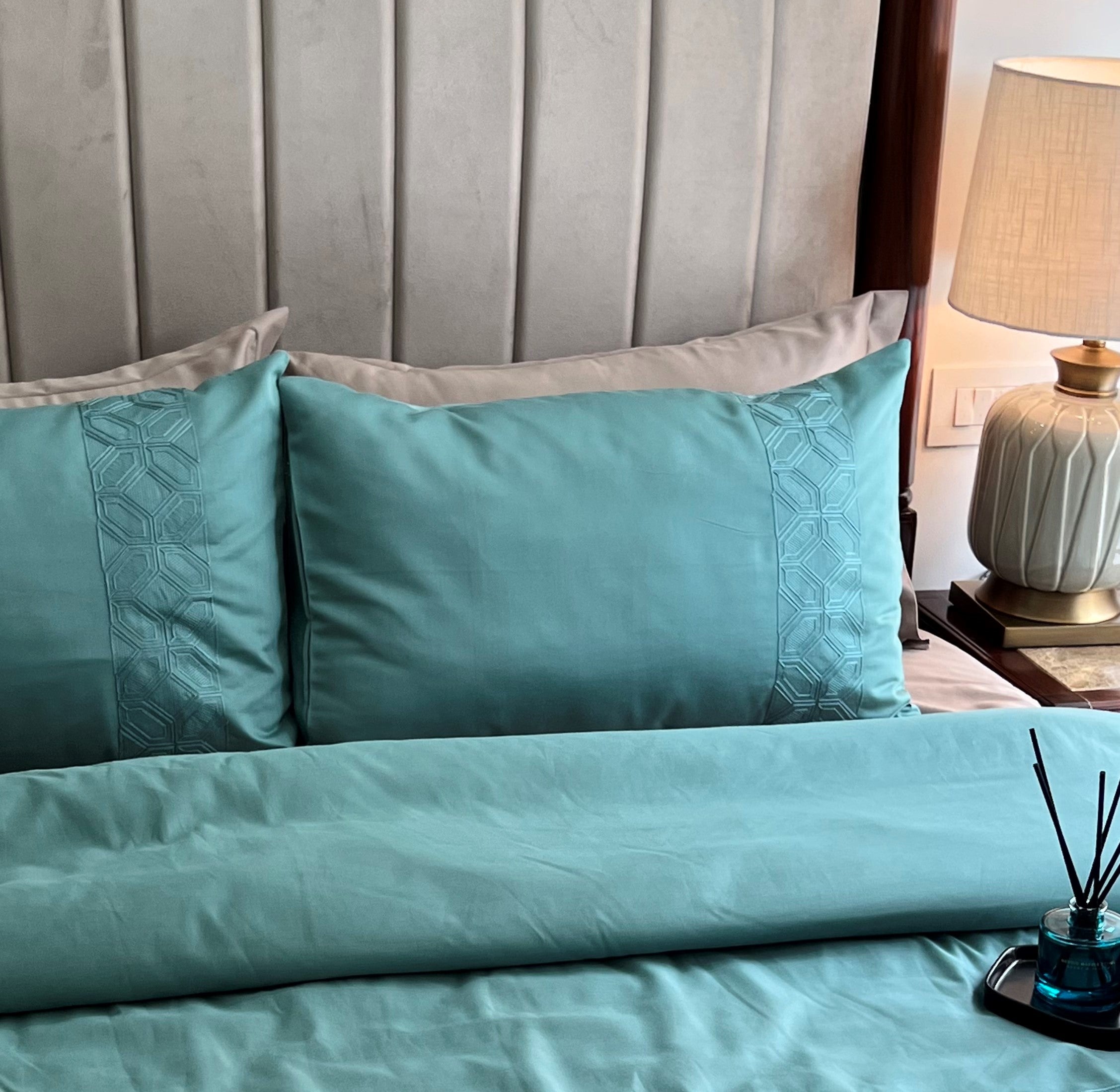 Arc Turquoise Embroidered Cotton Rich Pillow Covers (Set of 02)
