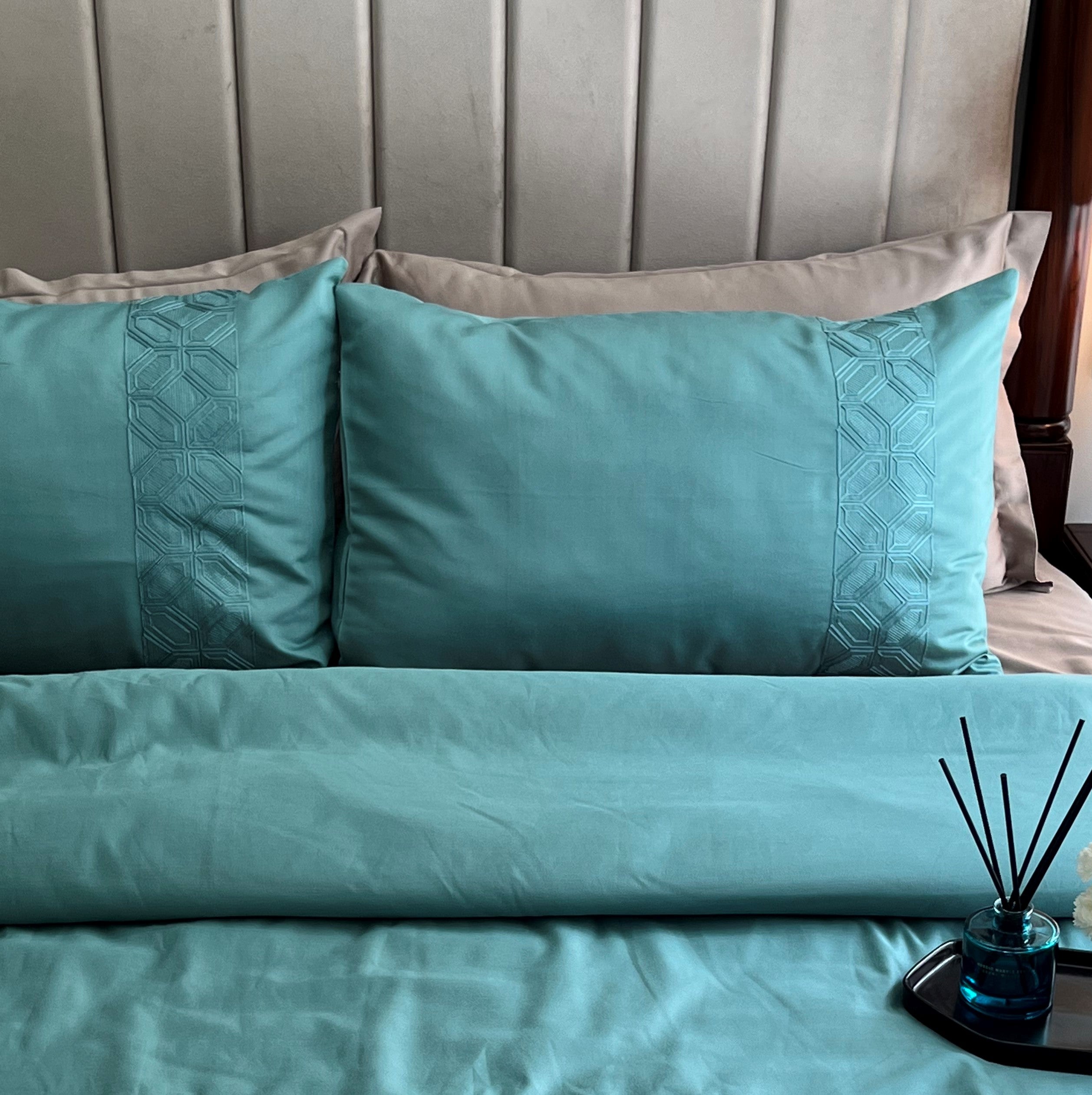 Arc Turquoise Embroidered Cotton Rich Pillow Covers (Set of 02)