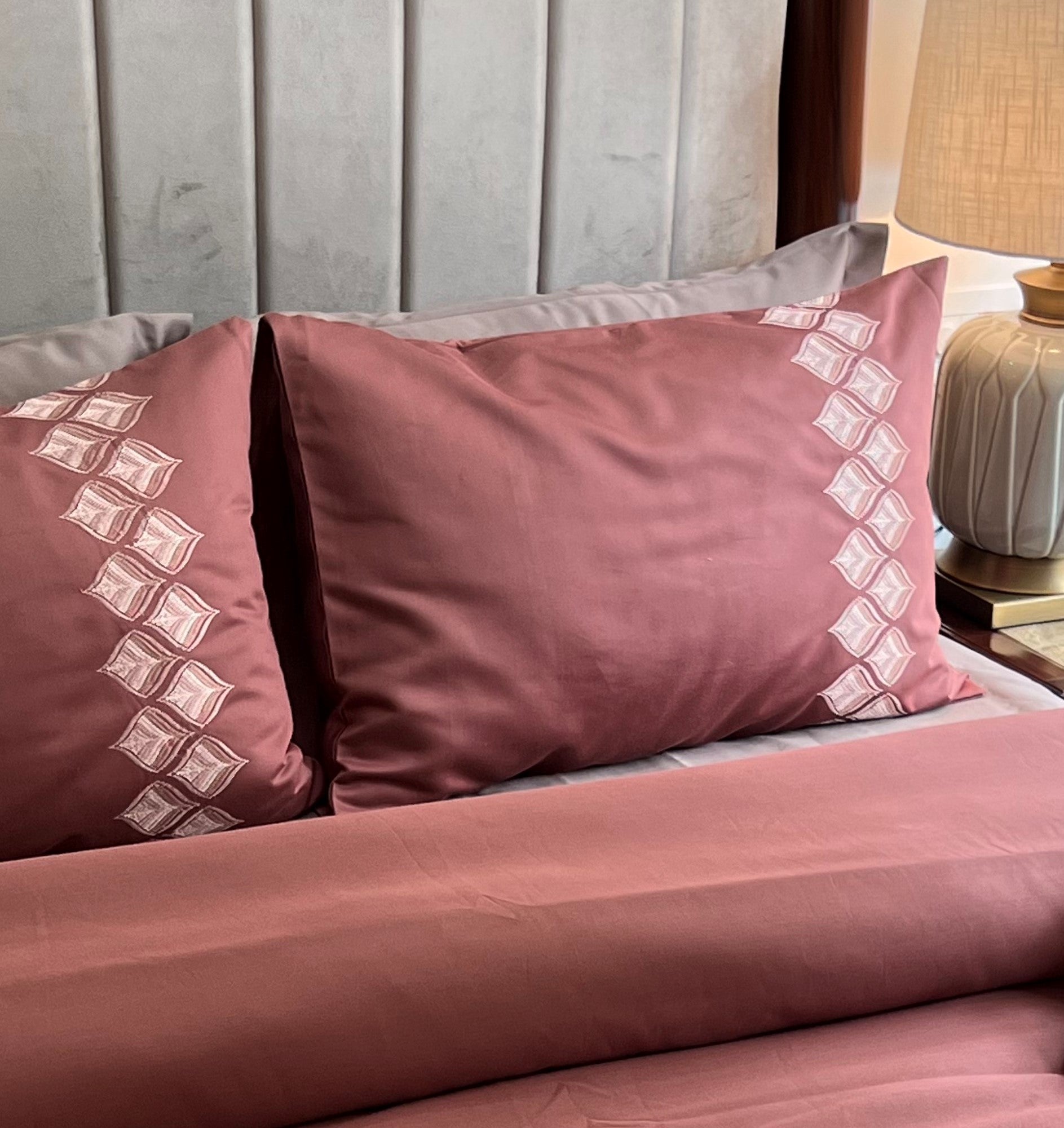 Leaflet Blush Embroidered Cotton Rich Pillow Covers (Set of 02)
