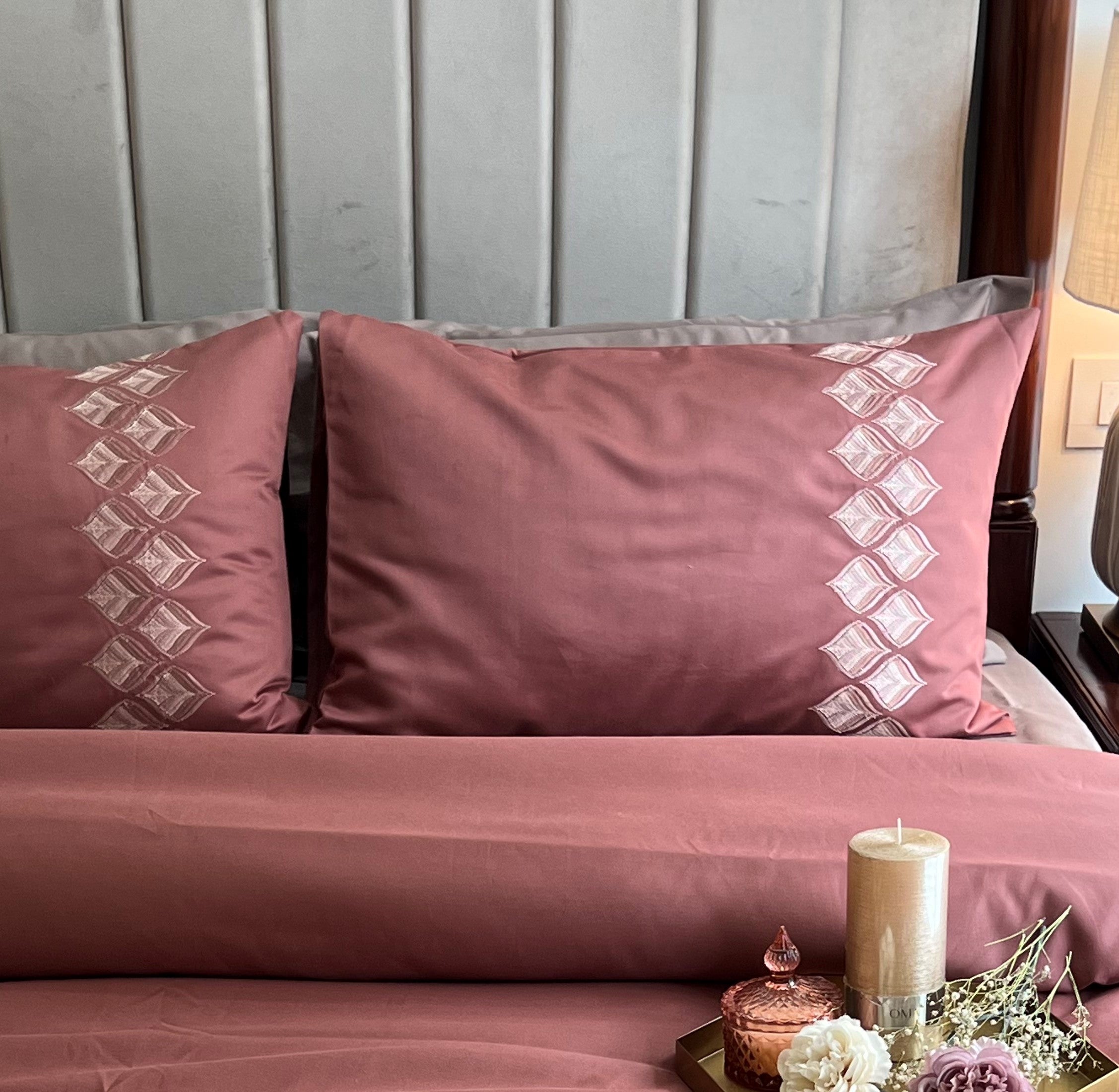 Leaflet Blush Embroidered Cotton Rich Pillow Covers (Set of 02)