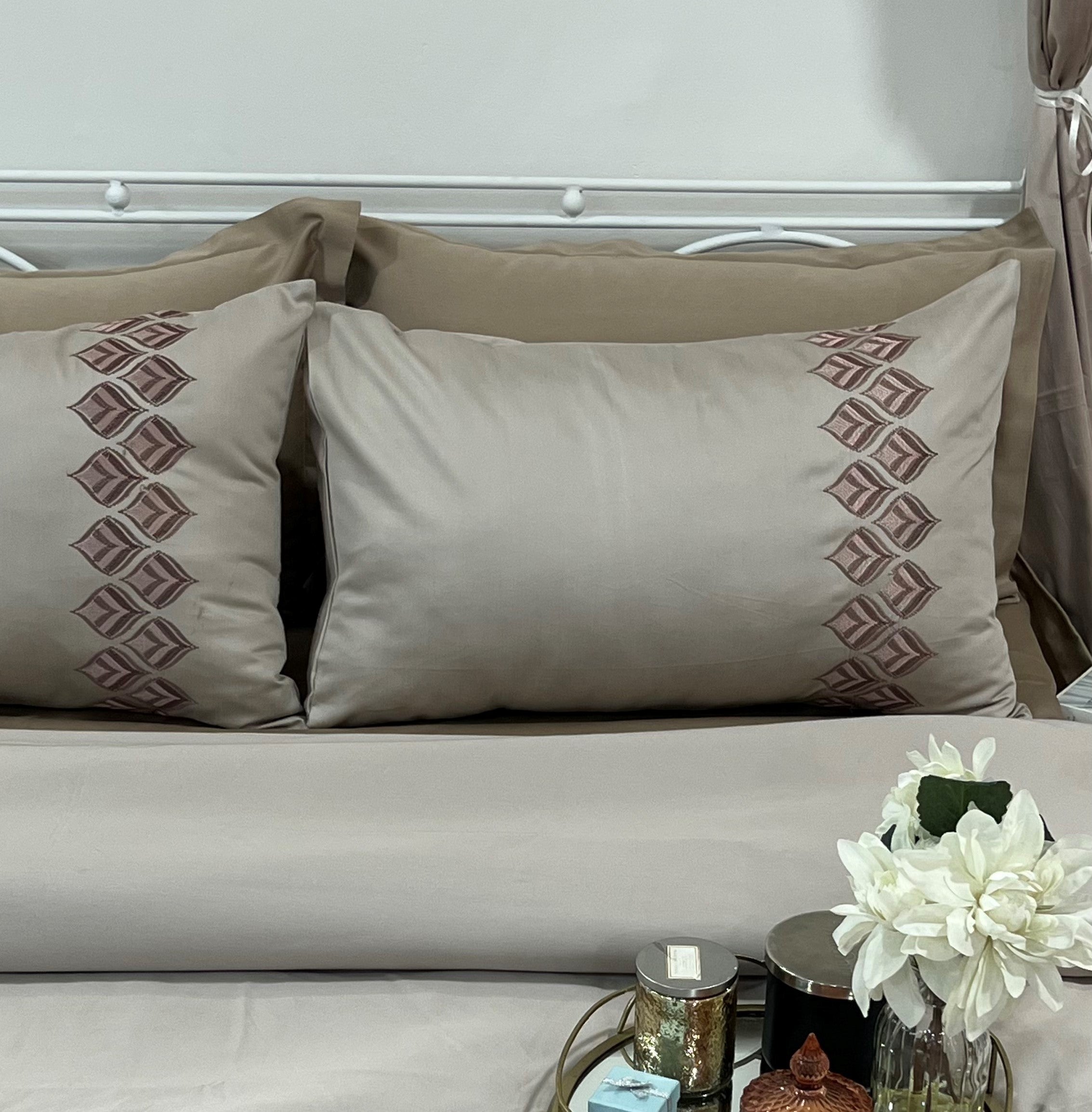 Leaflet Beige Embroidered Cotton Rich Pillow Covers (Set of 02)