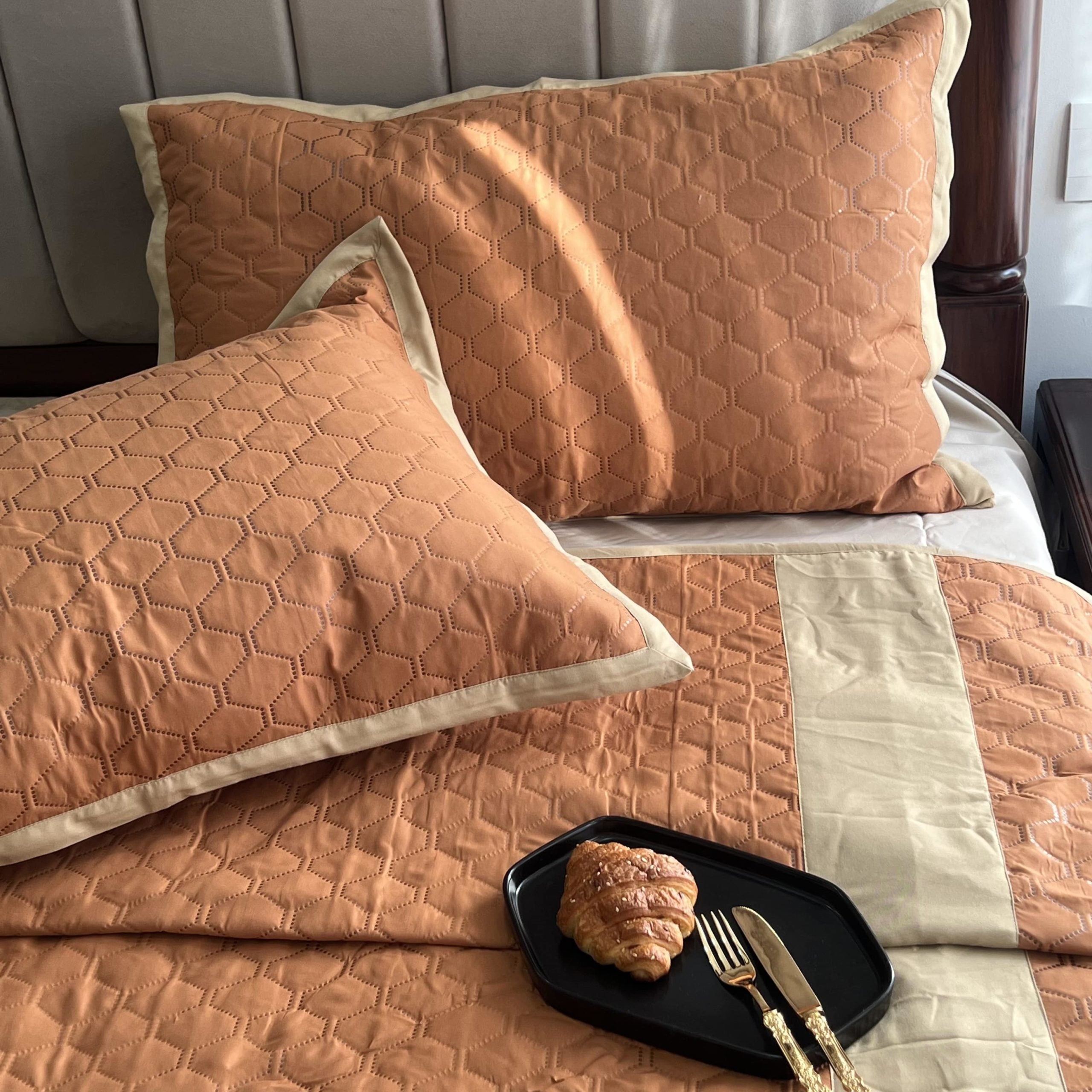 Quilted Rust Beige Bedspread