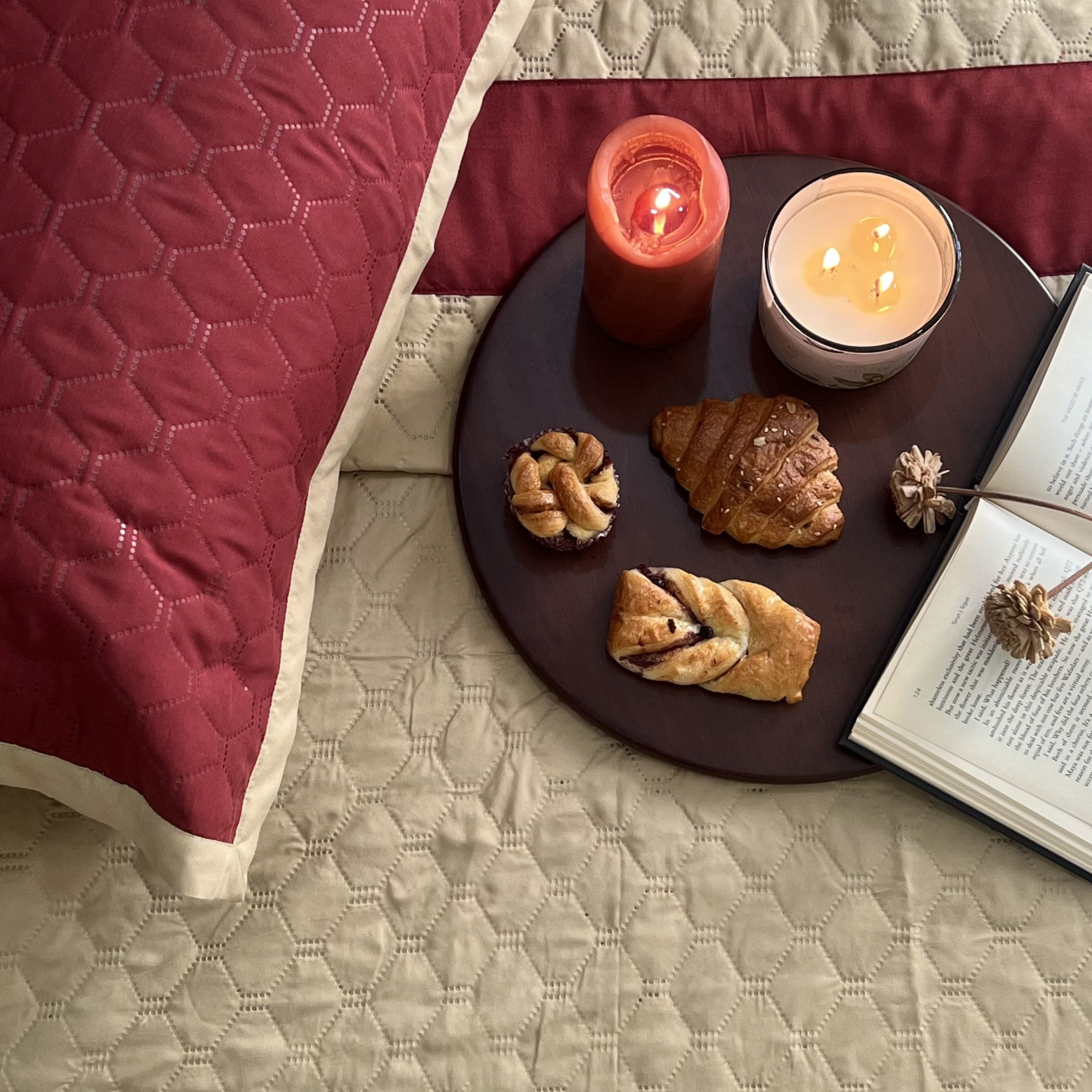 Quilted Maroon Beige Bedspread