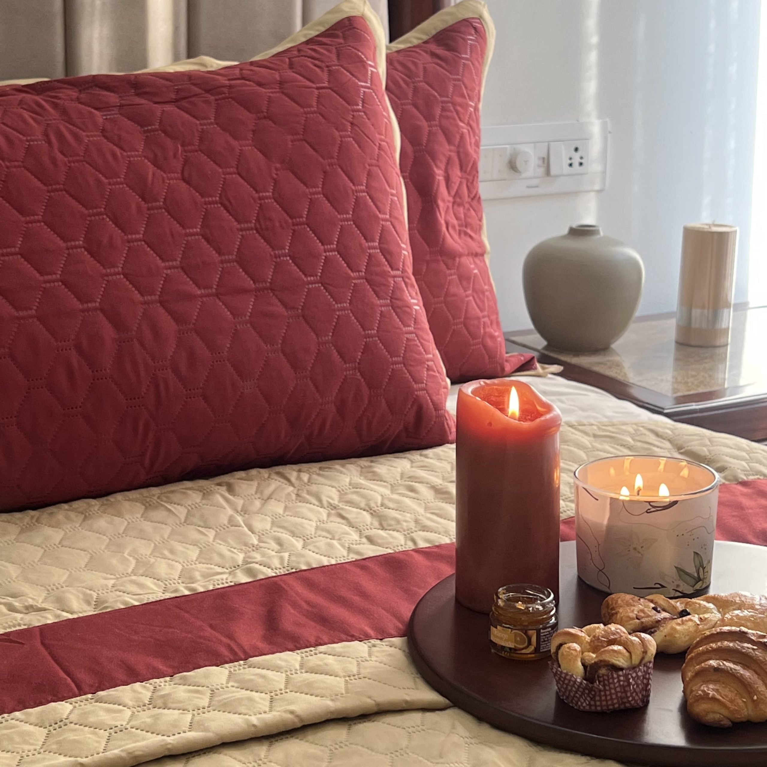 Quilted Maroon Beige Bedspread