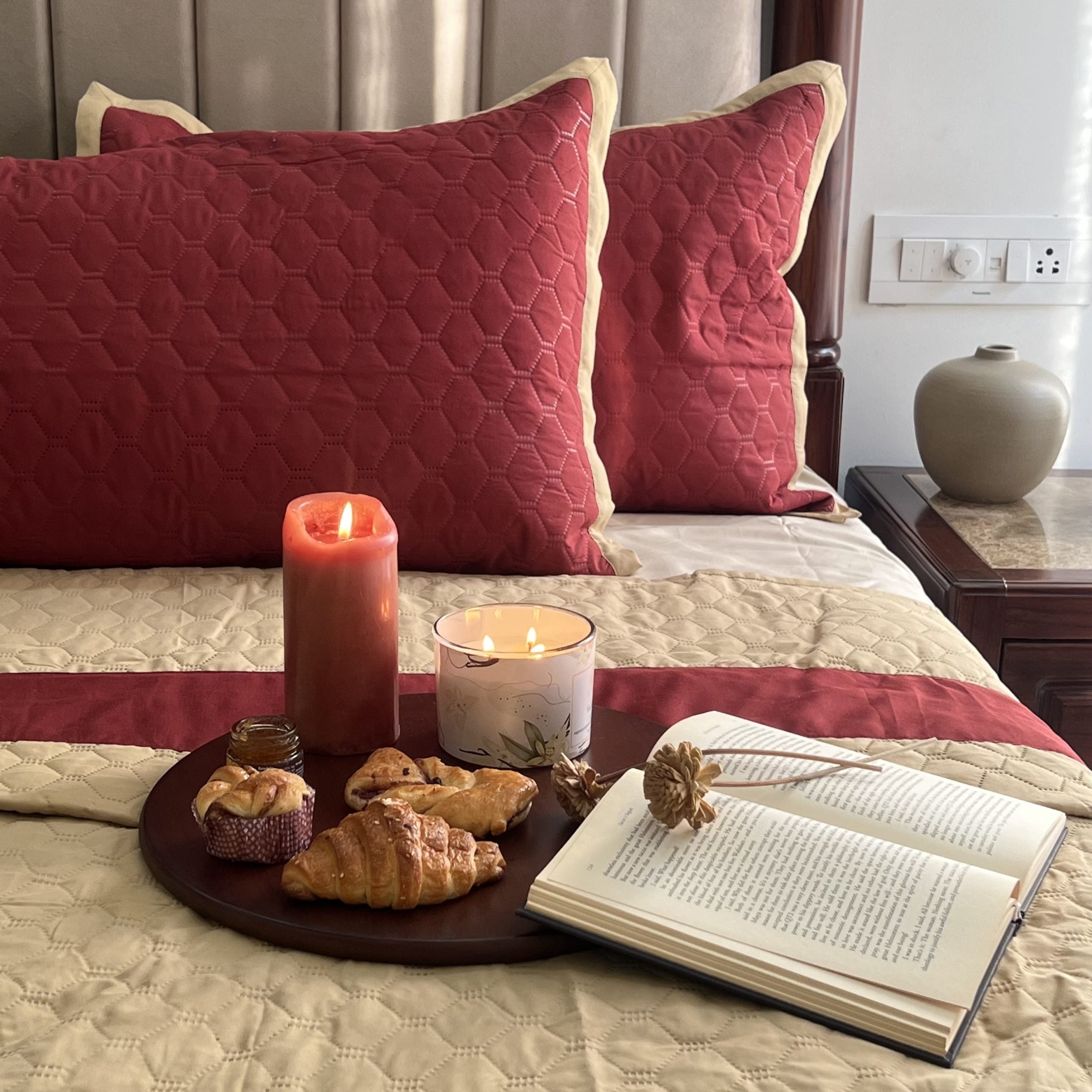 Quilted Maroon Beige Bedspread