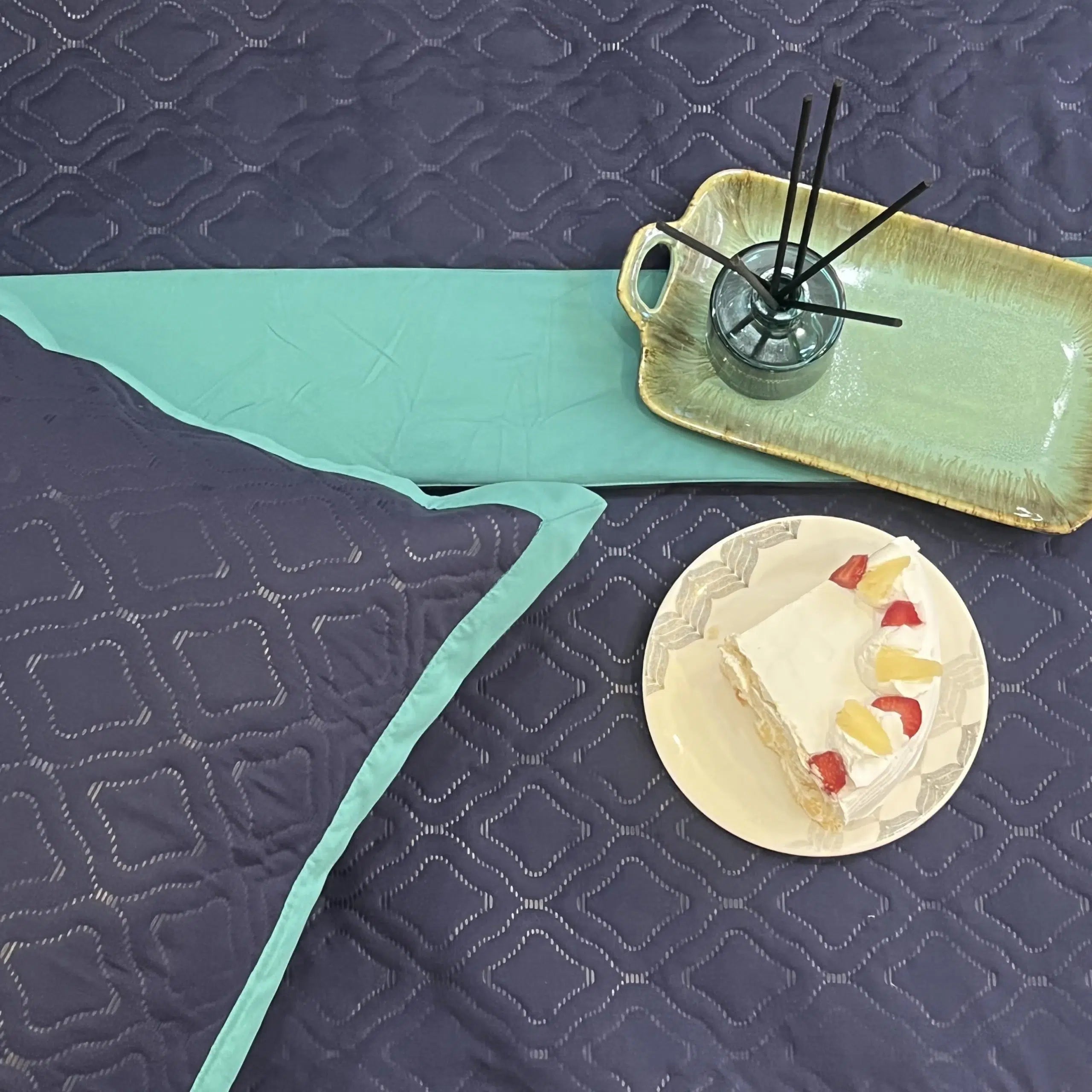 Quilted Navy Turquoise Bedspread