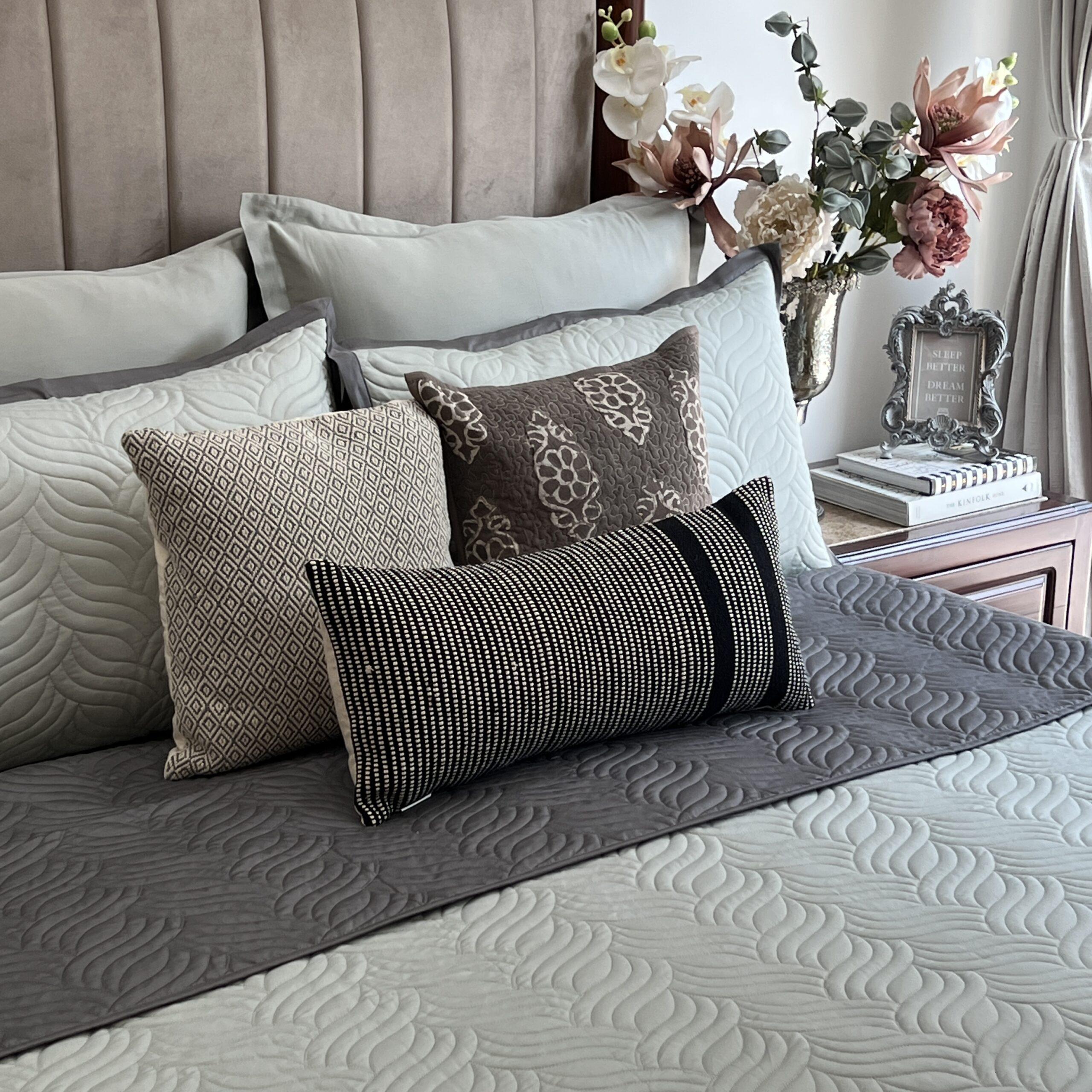 Quilted Sage Green and Grey Comber Reversible Bedspread