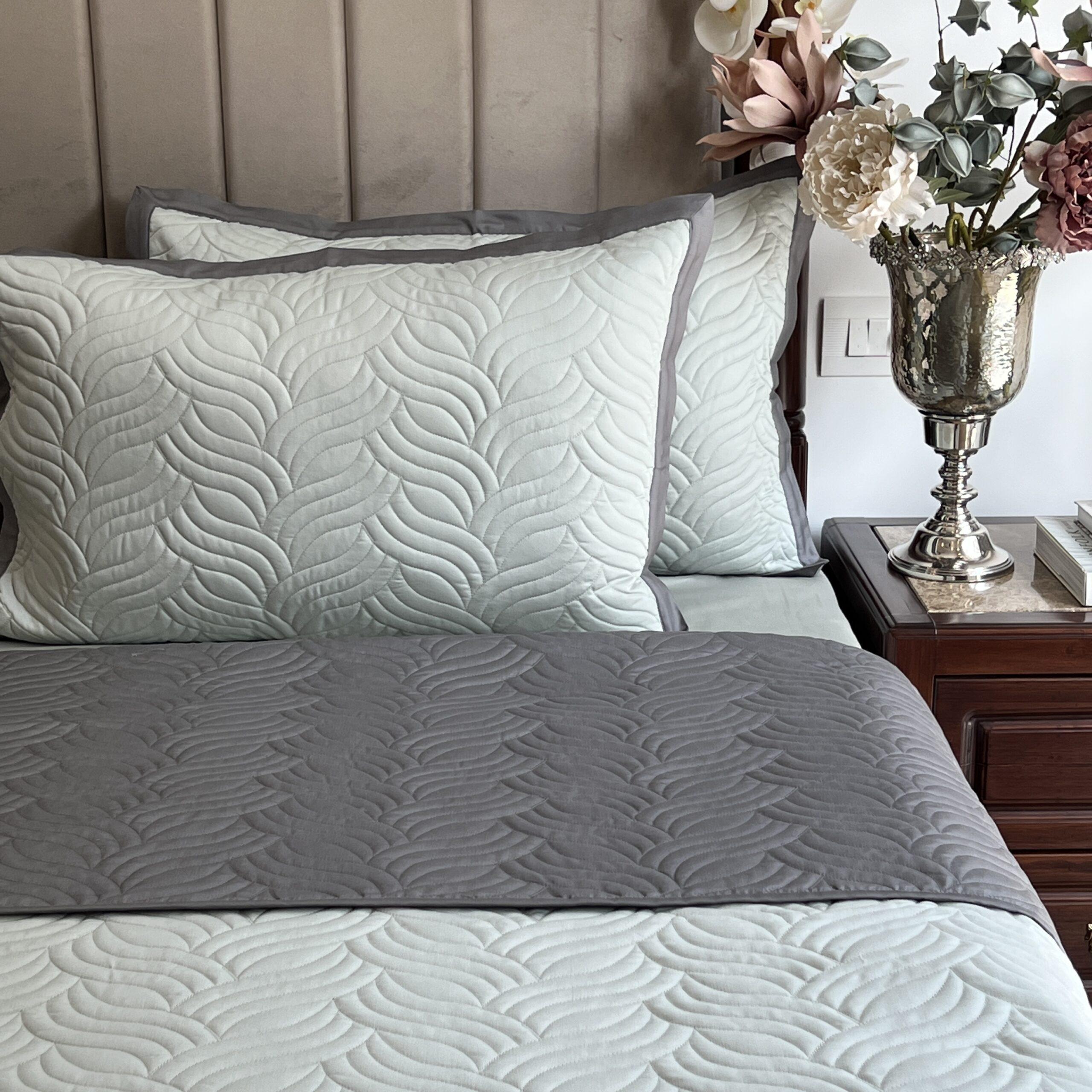 Quilted Sage Green and Grey Comber Reversible Bedspread