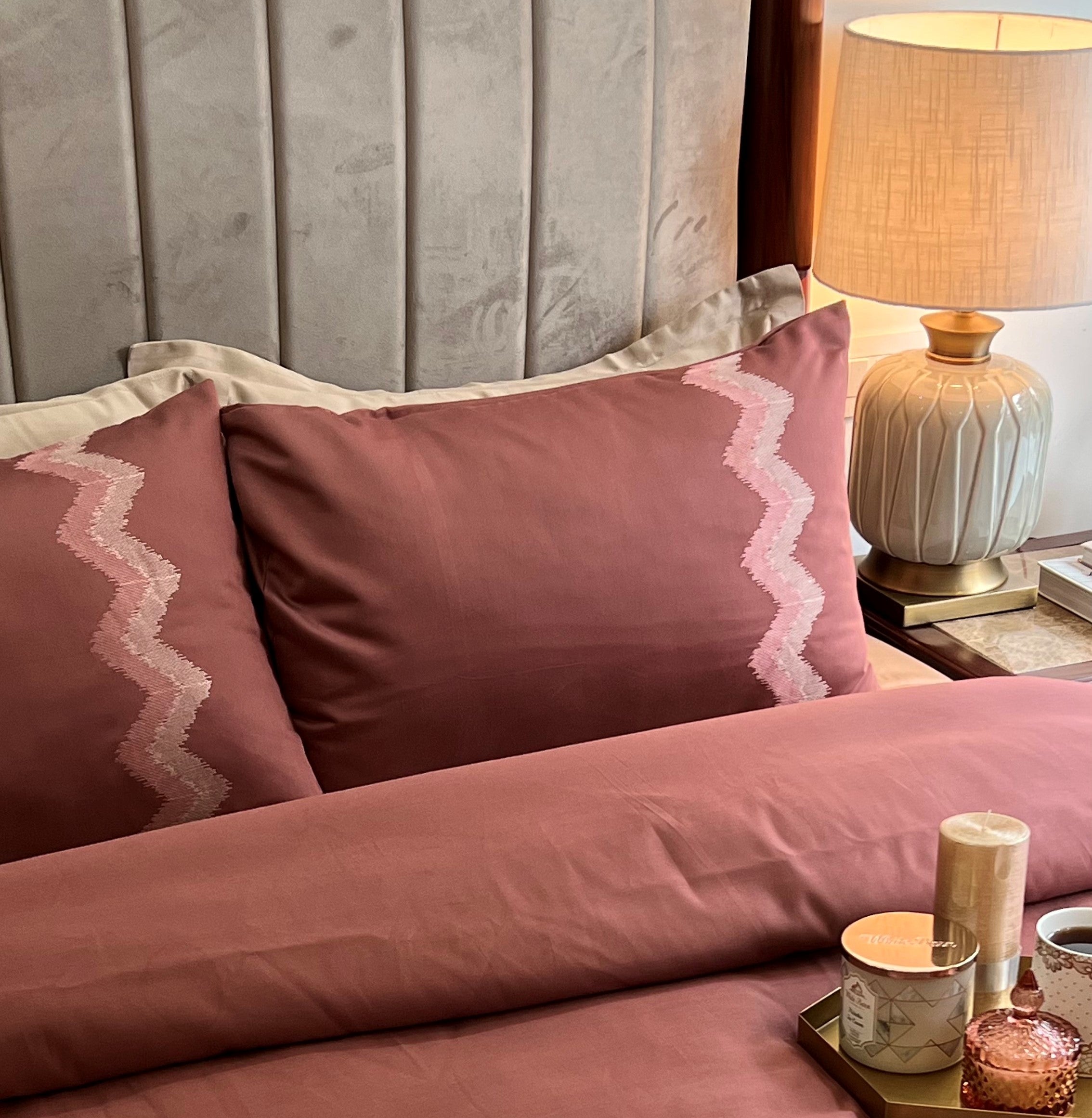 Crest Blush Embroidered Cotton Rich Pillow Covers (Set of 02)