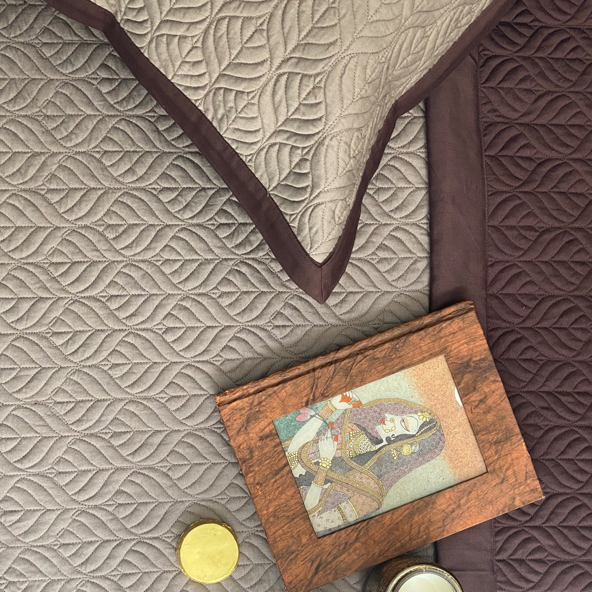 Coffee & Taupe Leafage Reversible Bedspread