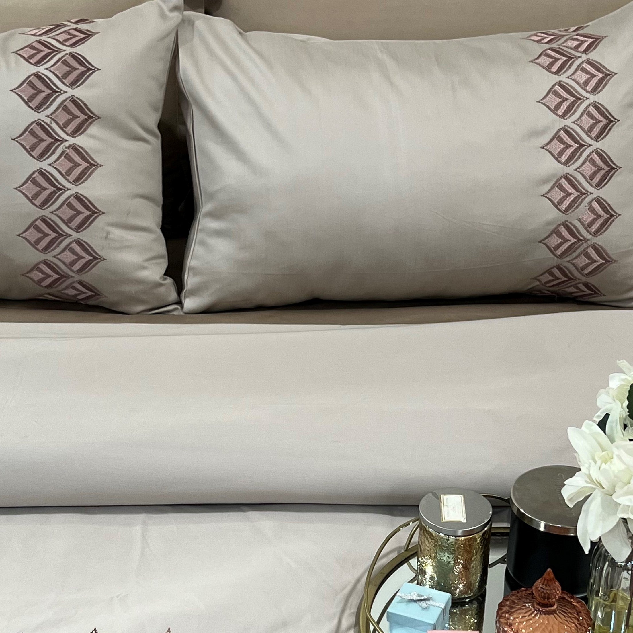 Leaflet Beige Embroidered Cotton Rich Pillow Covers (Set of 02)