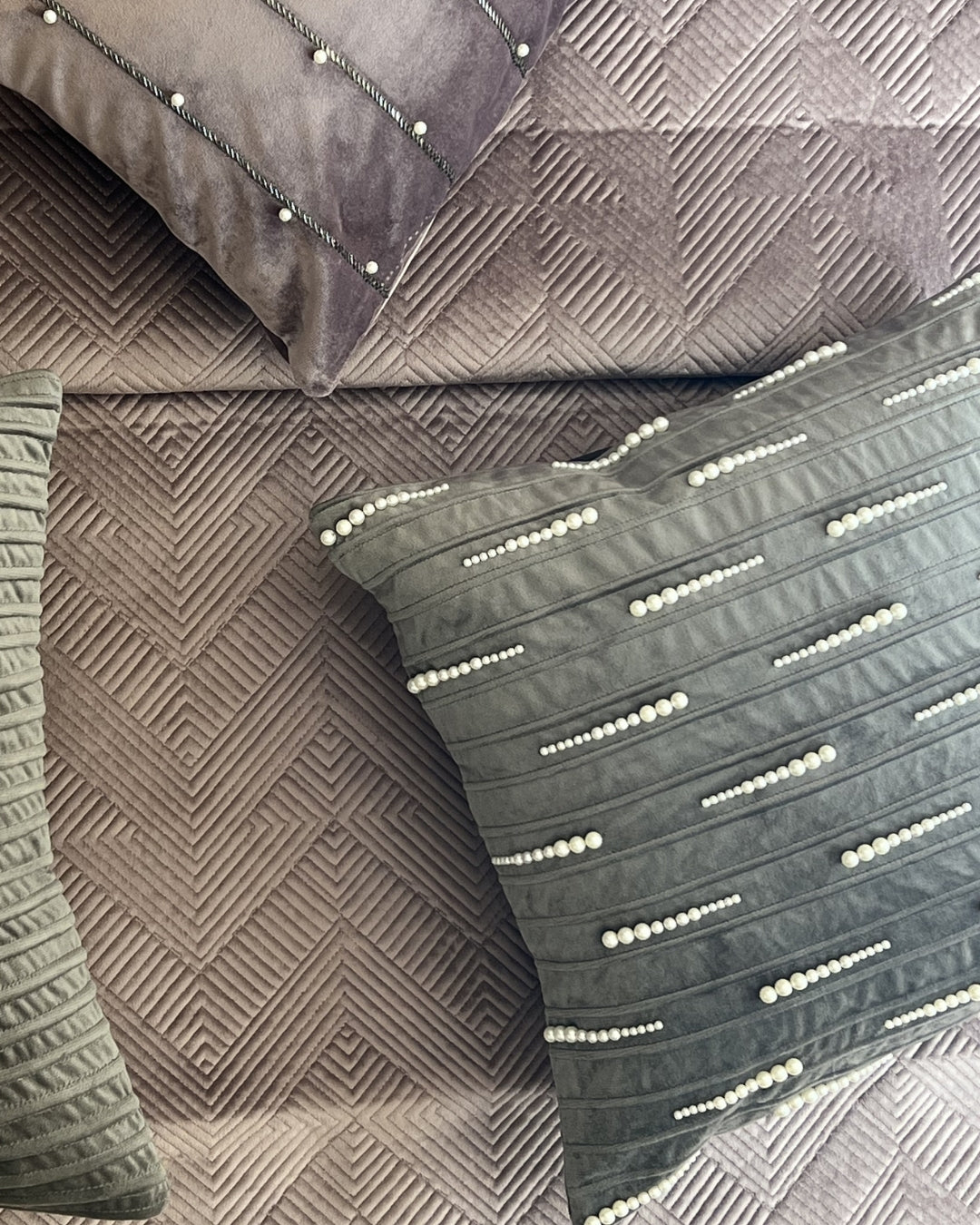 Decorative Lino Dark Grey Velvet Hand Embroidered Cushion Cover 16x16