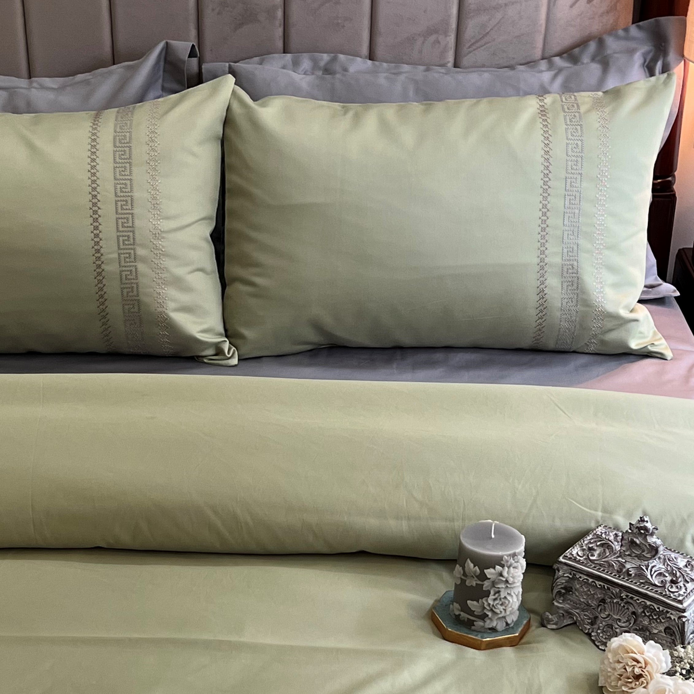 Lucas Lime Green Embroidered Cotton Rich Pillow Covers (Set of 02)