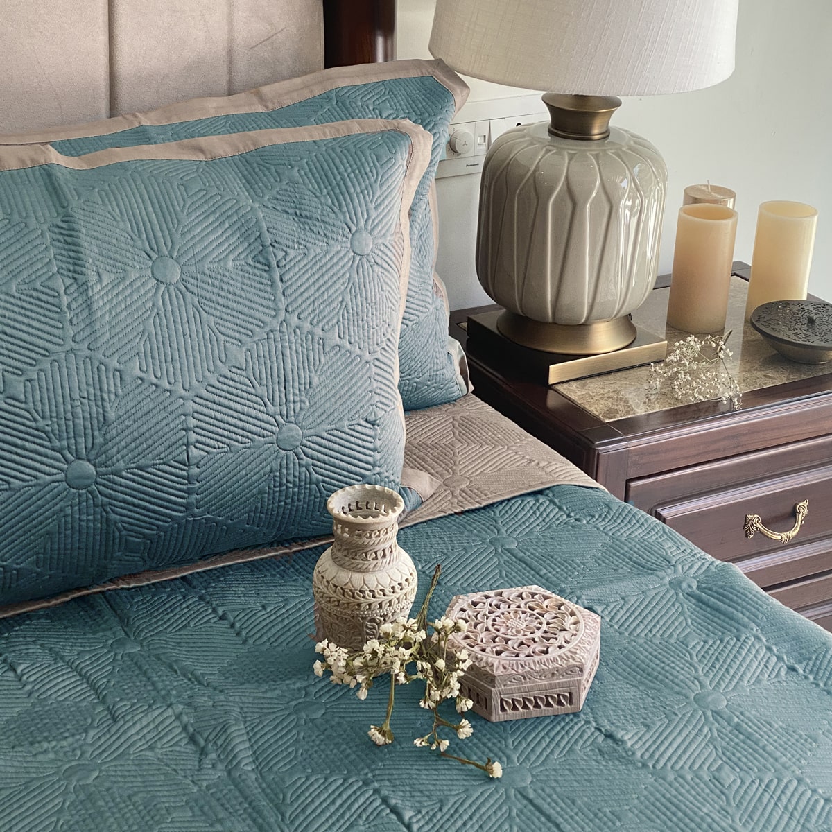 Marble Teal and Taupe Reversible Bedspread