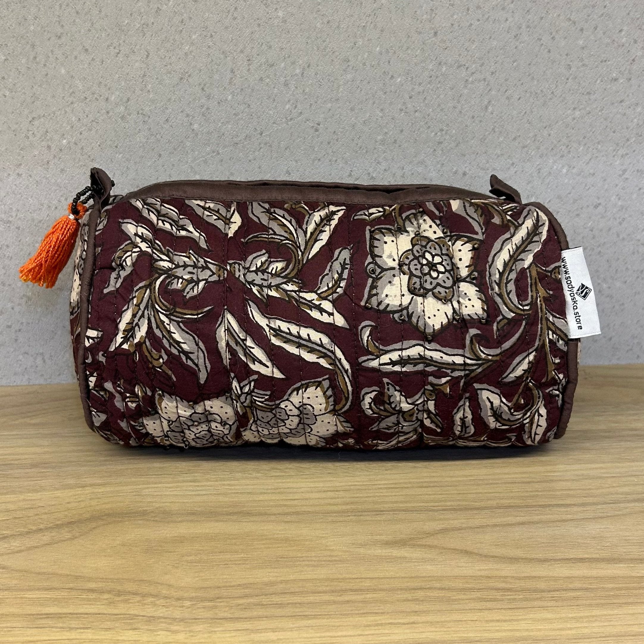 Brown Printed Cotton Medium Size Quilted Wedding Jewelry Pouch / Cosmetic / Make Up Case Multifunction Storage