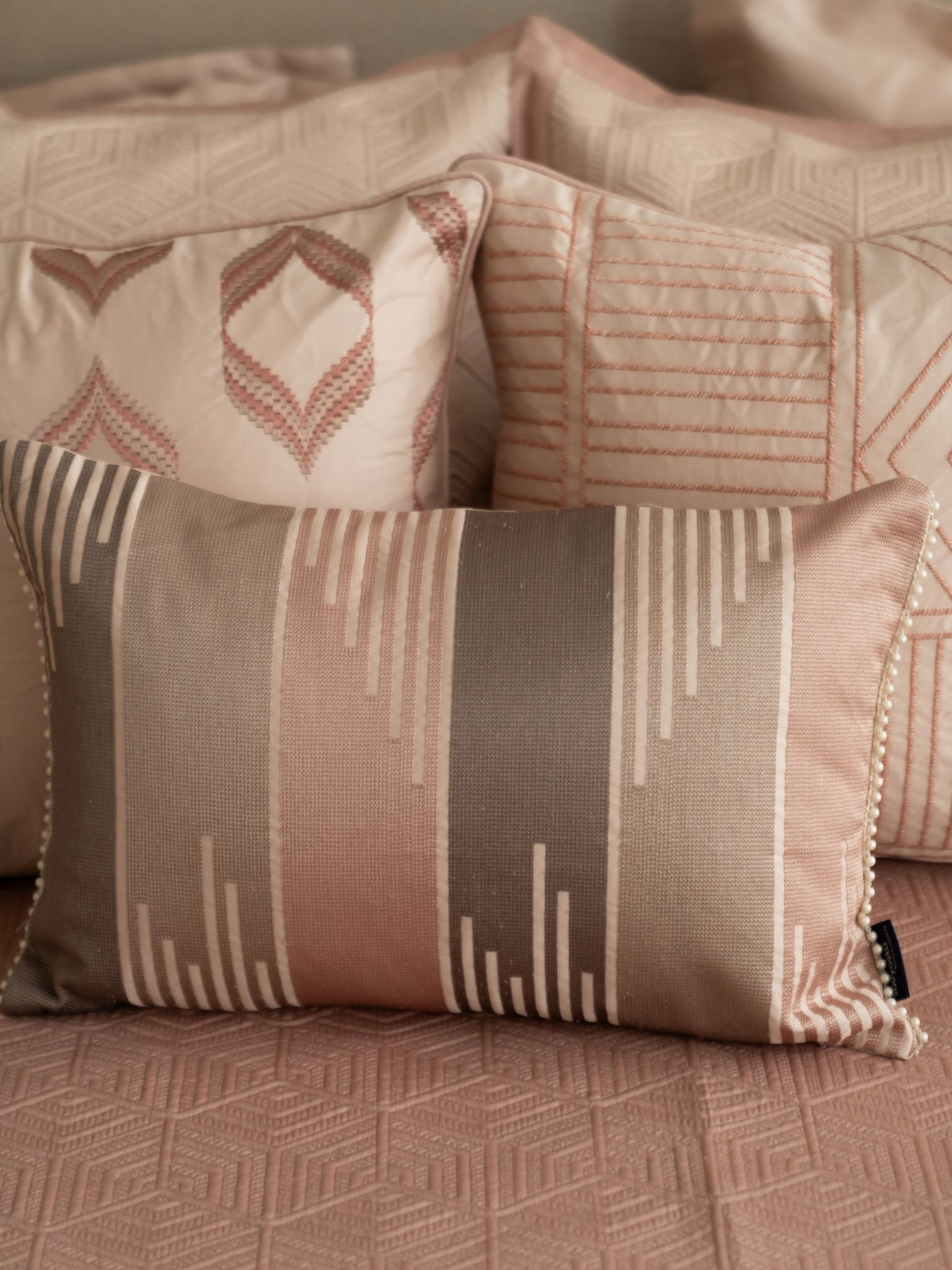 Skyline Cotton Embroidered Buff Cushion Cover 12" X 18"