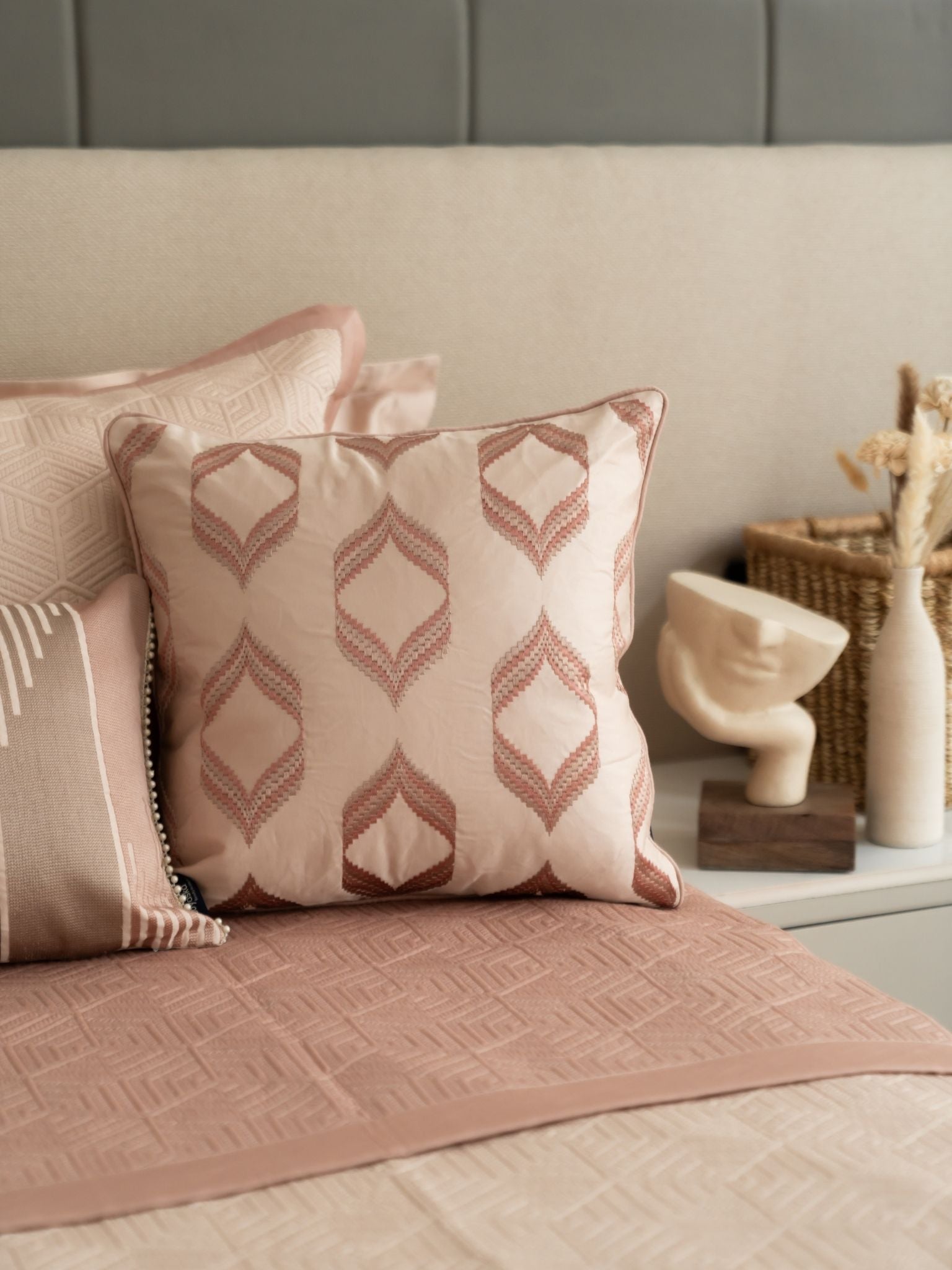 Reve Rose Cotton Embroidered Buff Cushion Cover 16" X 16"