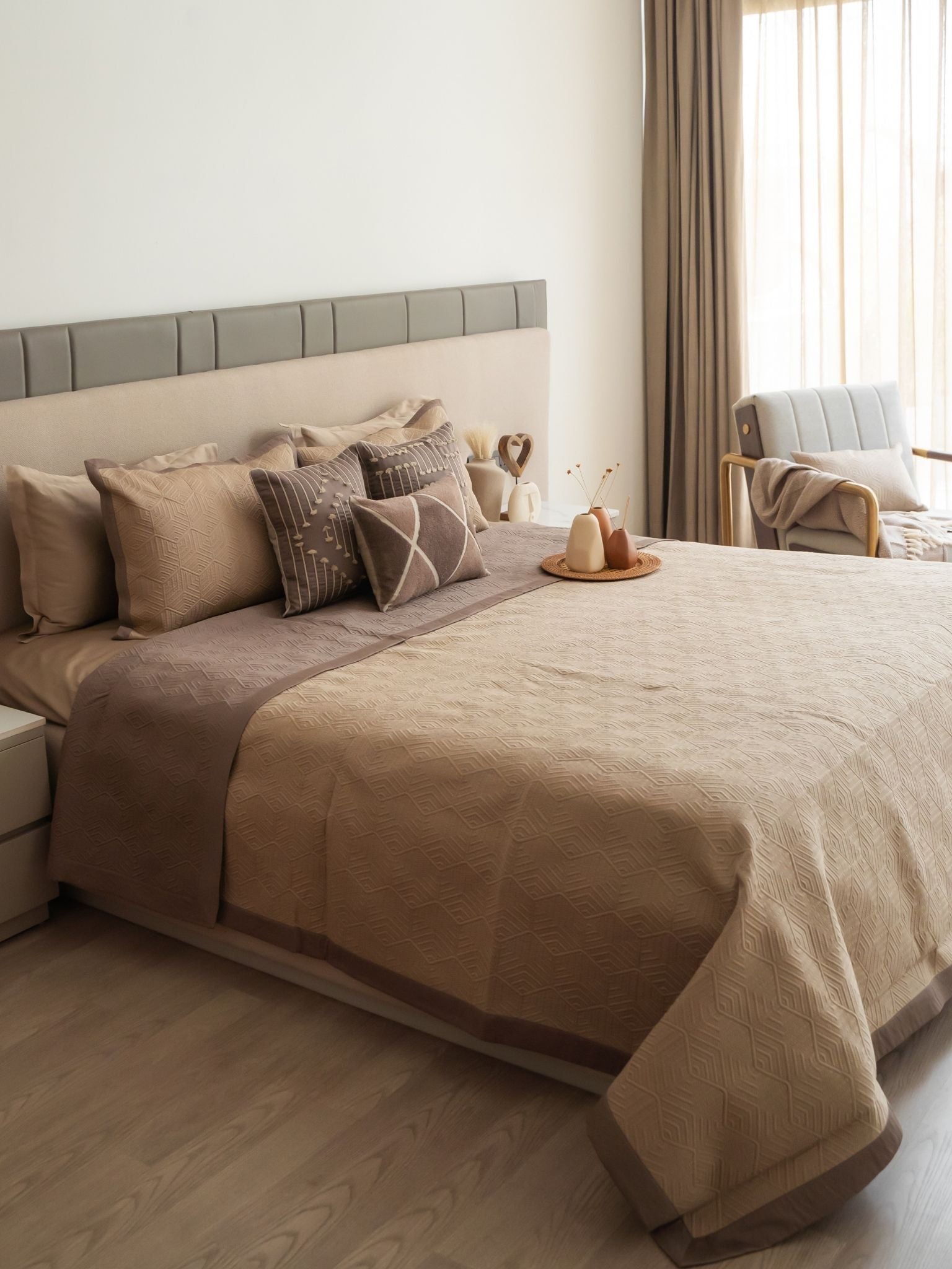 Mirth Sand and Taupe 300TC Cotton Bedding Set (10 PC Set)