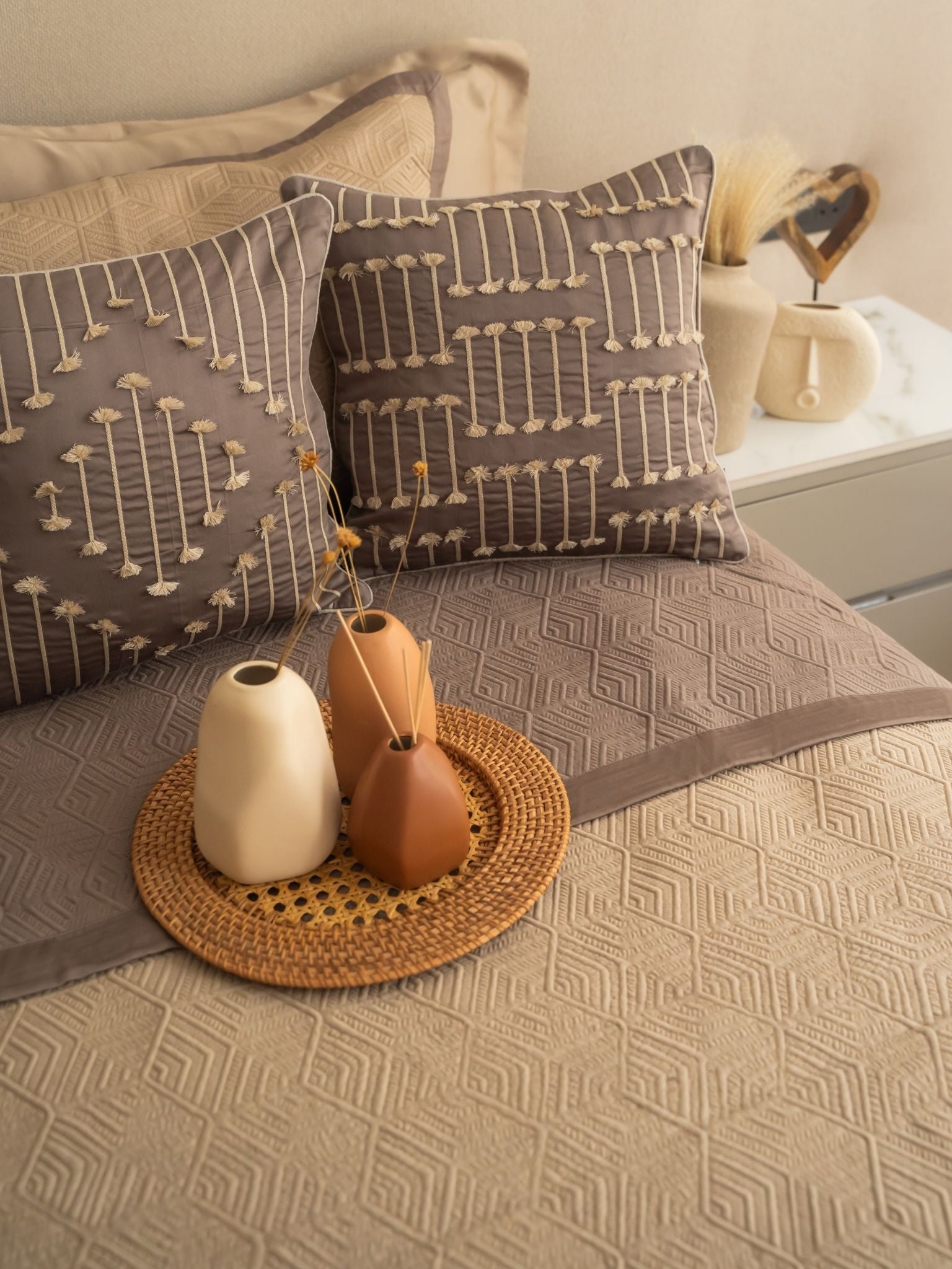 Ambiente Cotton Embroidered Taupe Cushion Cover 16" X 16"