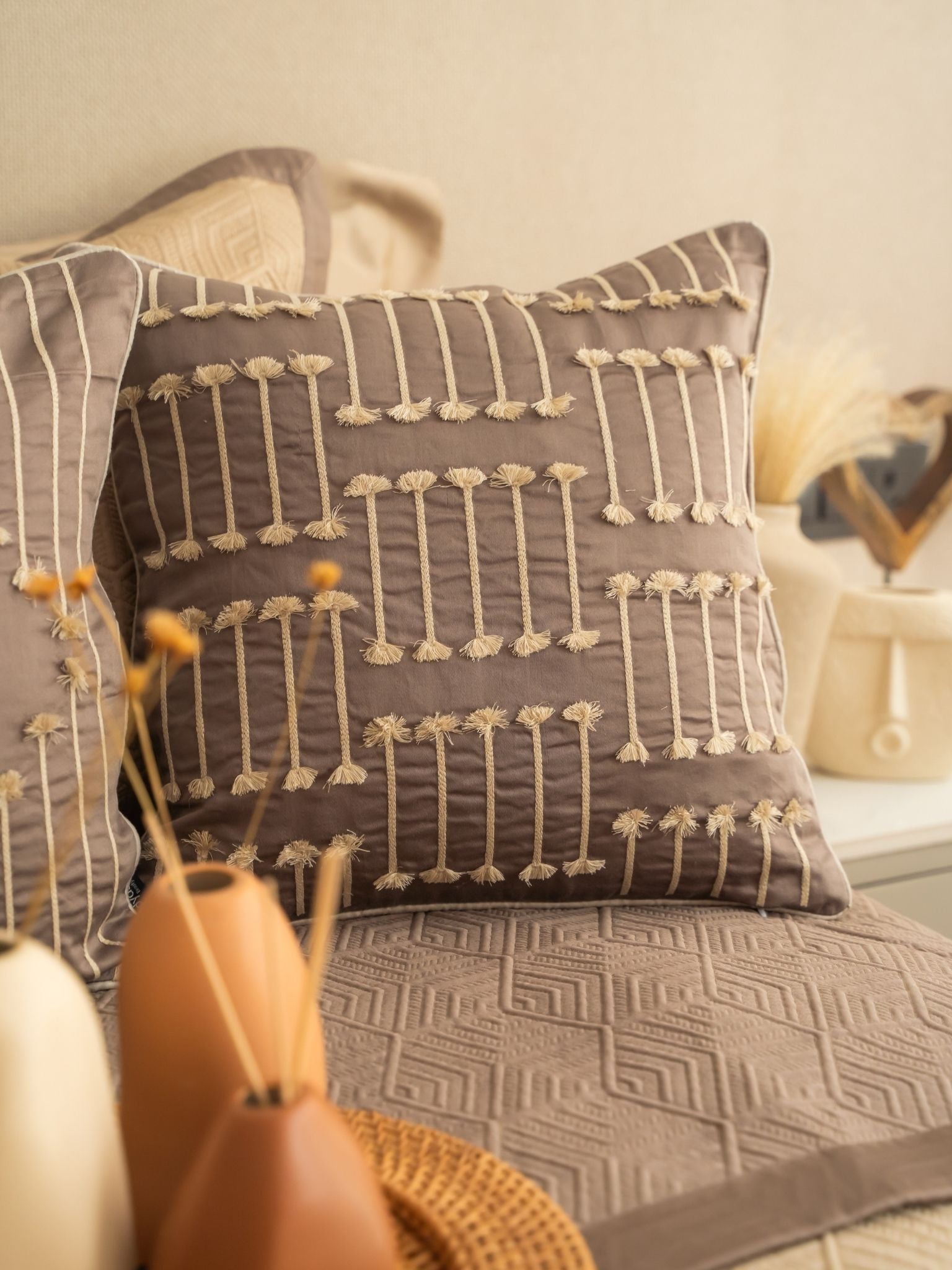 Ambiente Cotton Embroidered Taupe Cushion Cover 16" X 16"