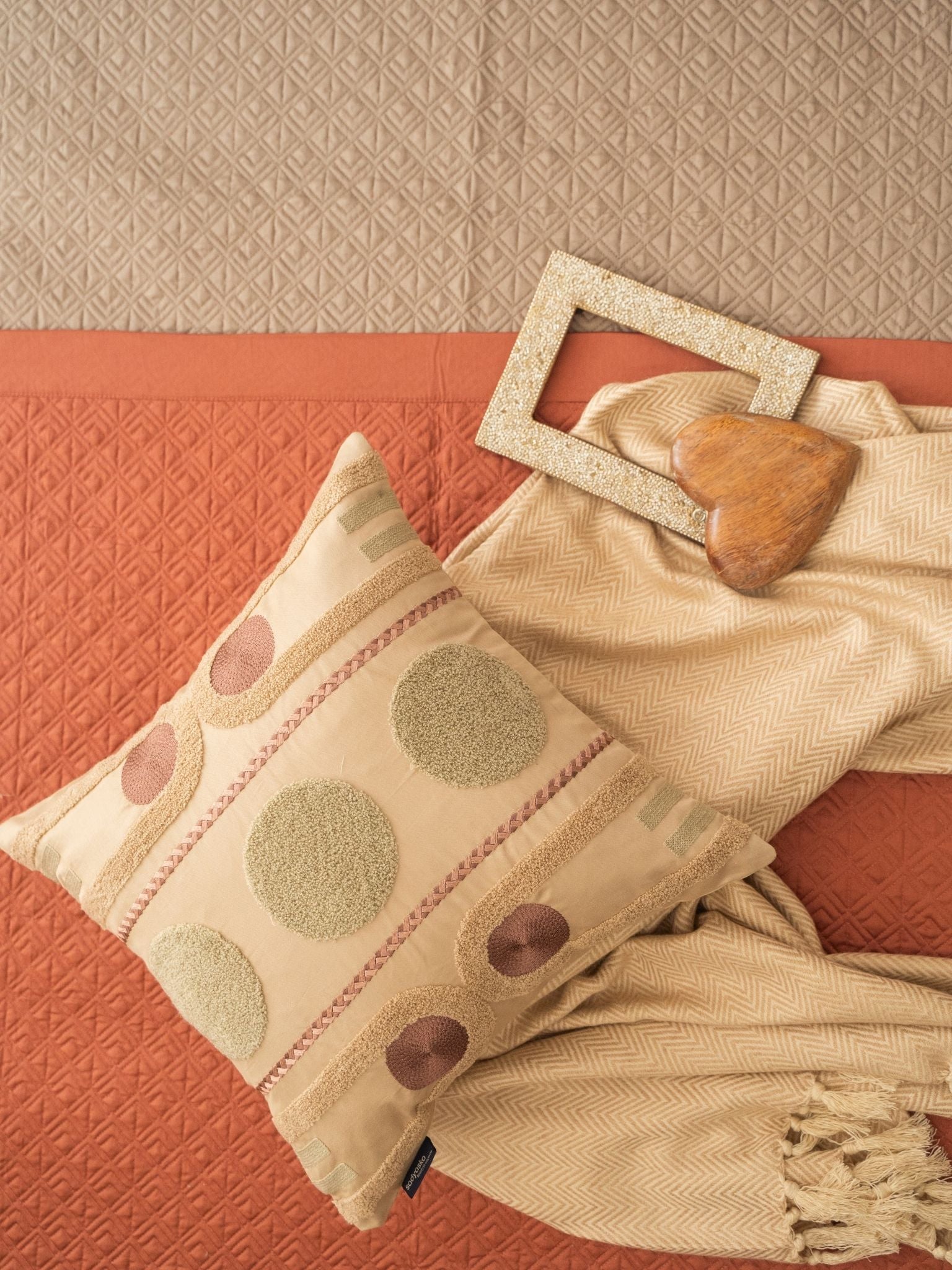Clay Herringbone Woven Throw with Embroidered Cushion Cover 16"x16" (2pc Set)