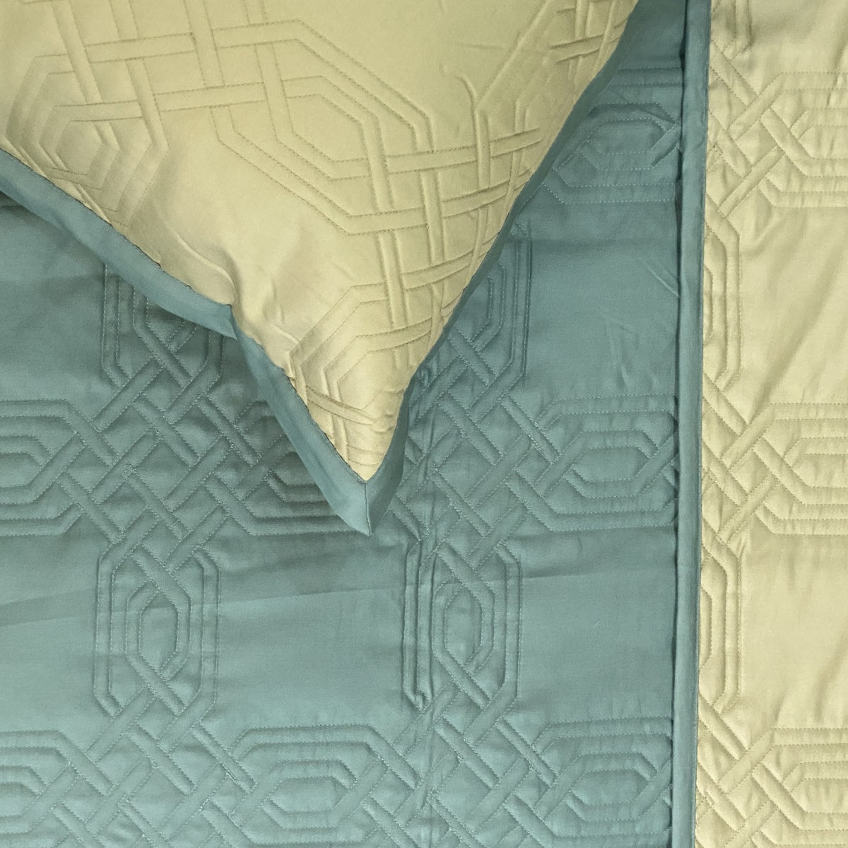 Quilted Turquoise and Lime Green Ornate Reversible Bedspread
