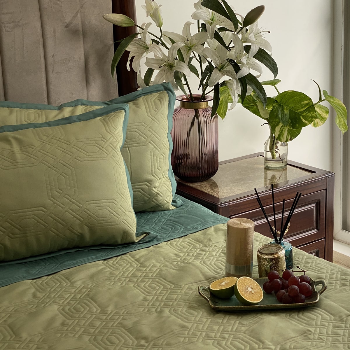 Quilted Turquoise and Lime Green Ornate Reversible Bedspread