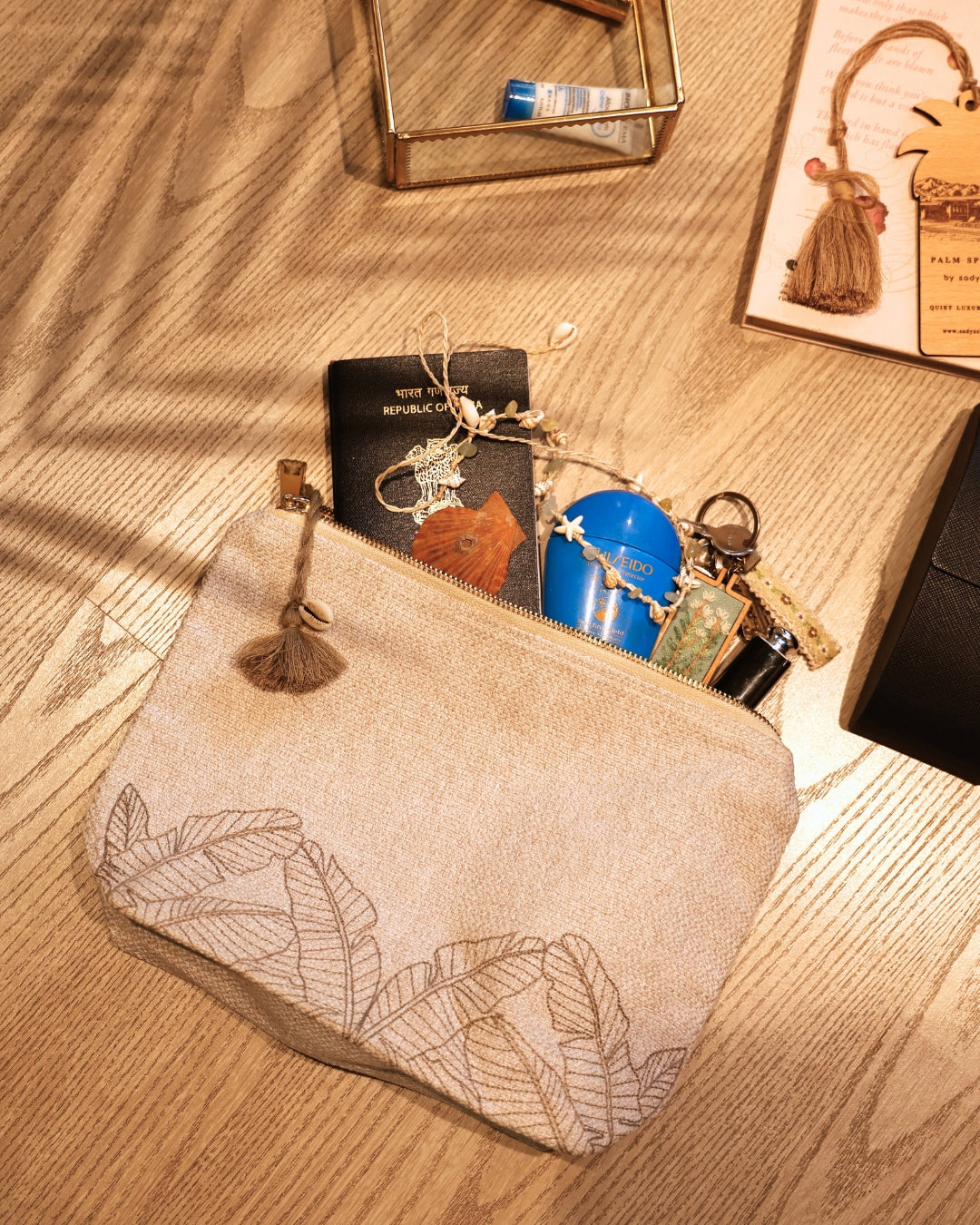Oasis Beige Chambray Large Size Embroidered Pouch / Cosmetic / Make Up Case Multifunction Storage