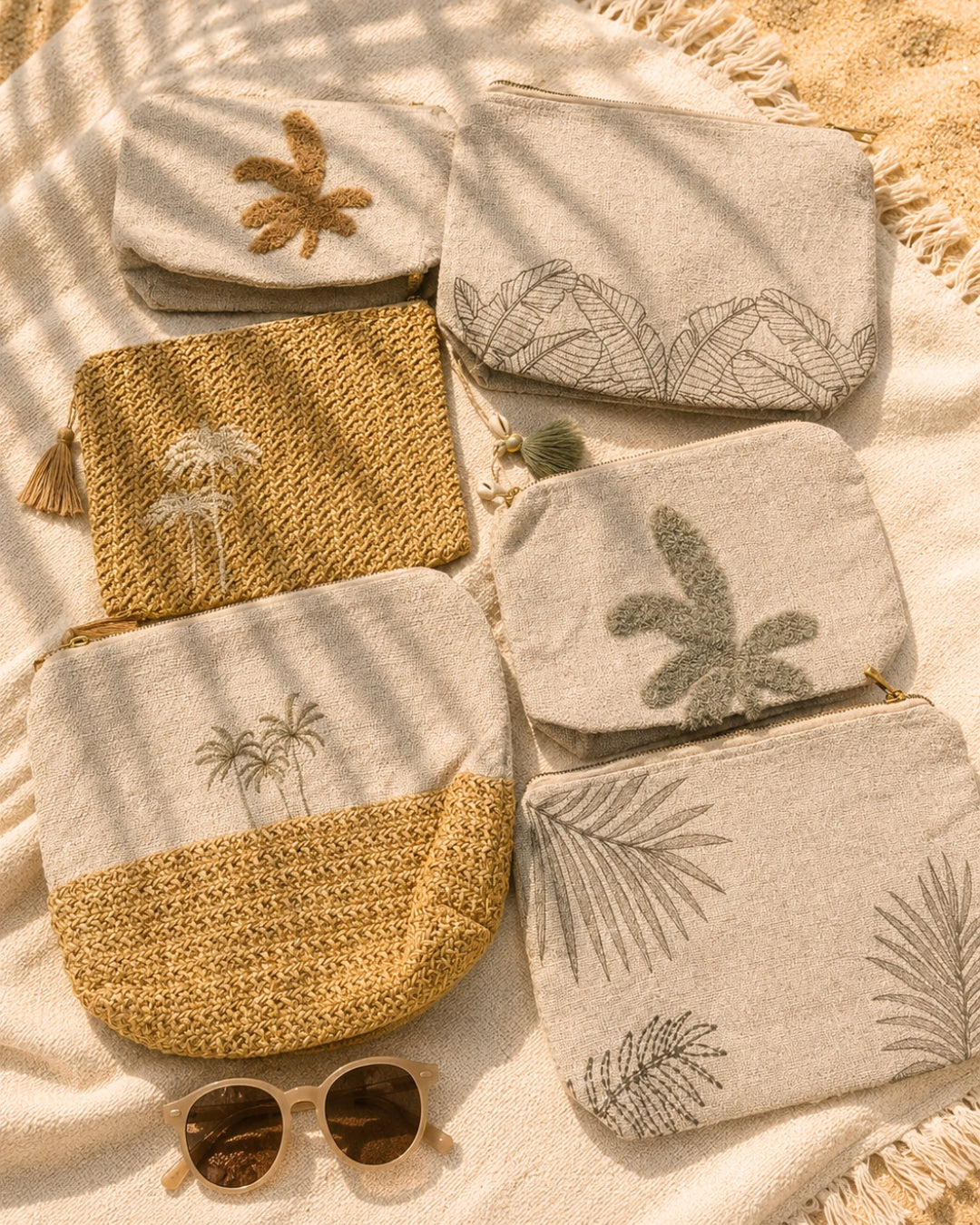Palm Grove Beige Chambray Large Size Embroidered Pouch / Cosmetic / Make Up Case Multifunction Storage