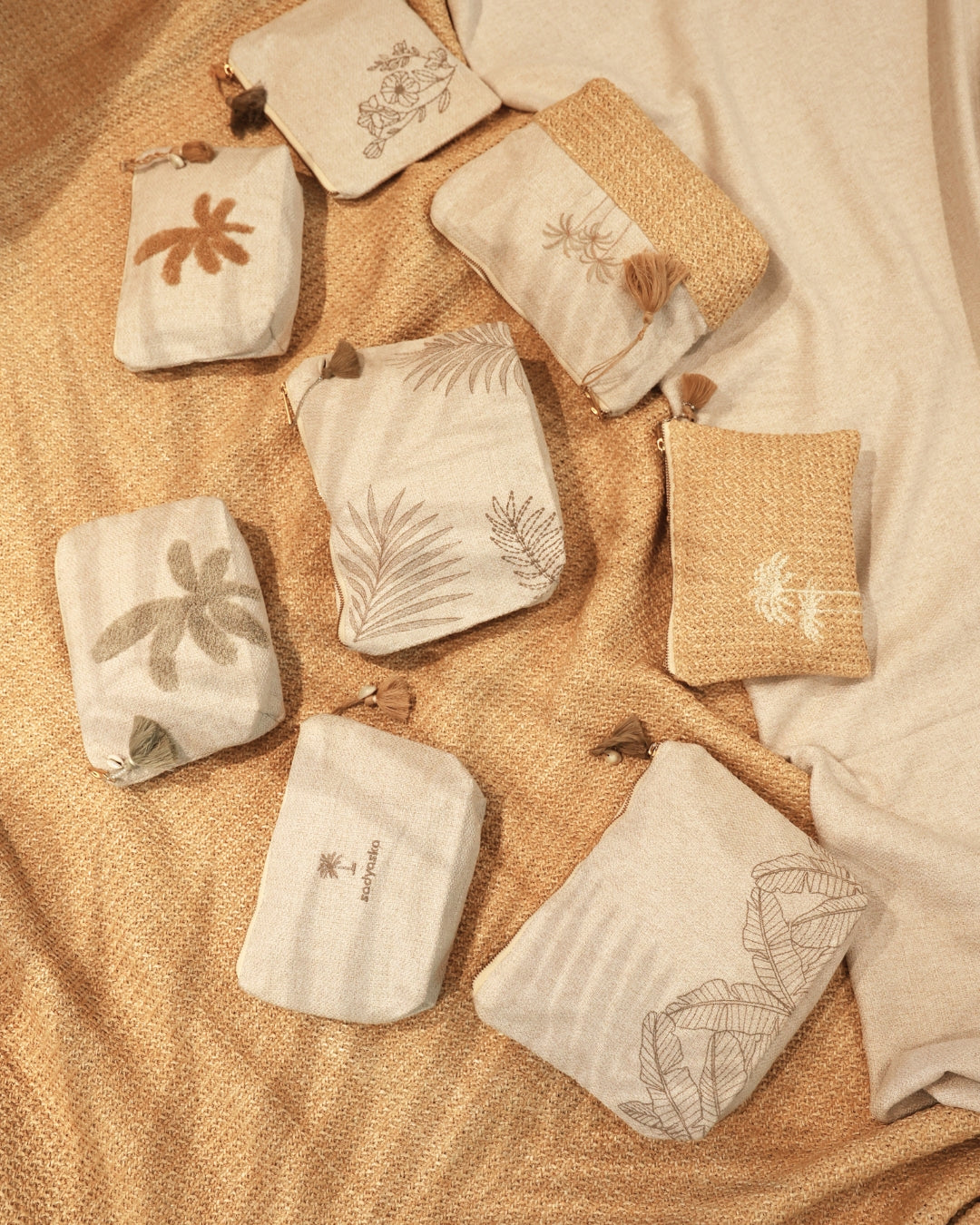 Palm Grove Beige Chambray Large Size Embroidered Pouch / Cosmetic / Make Up Case Multifunction Storage