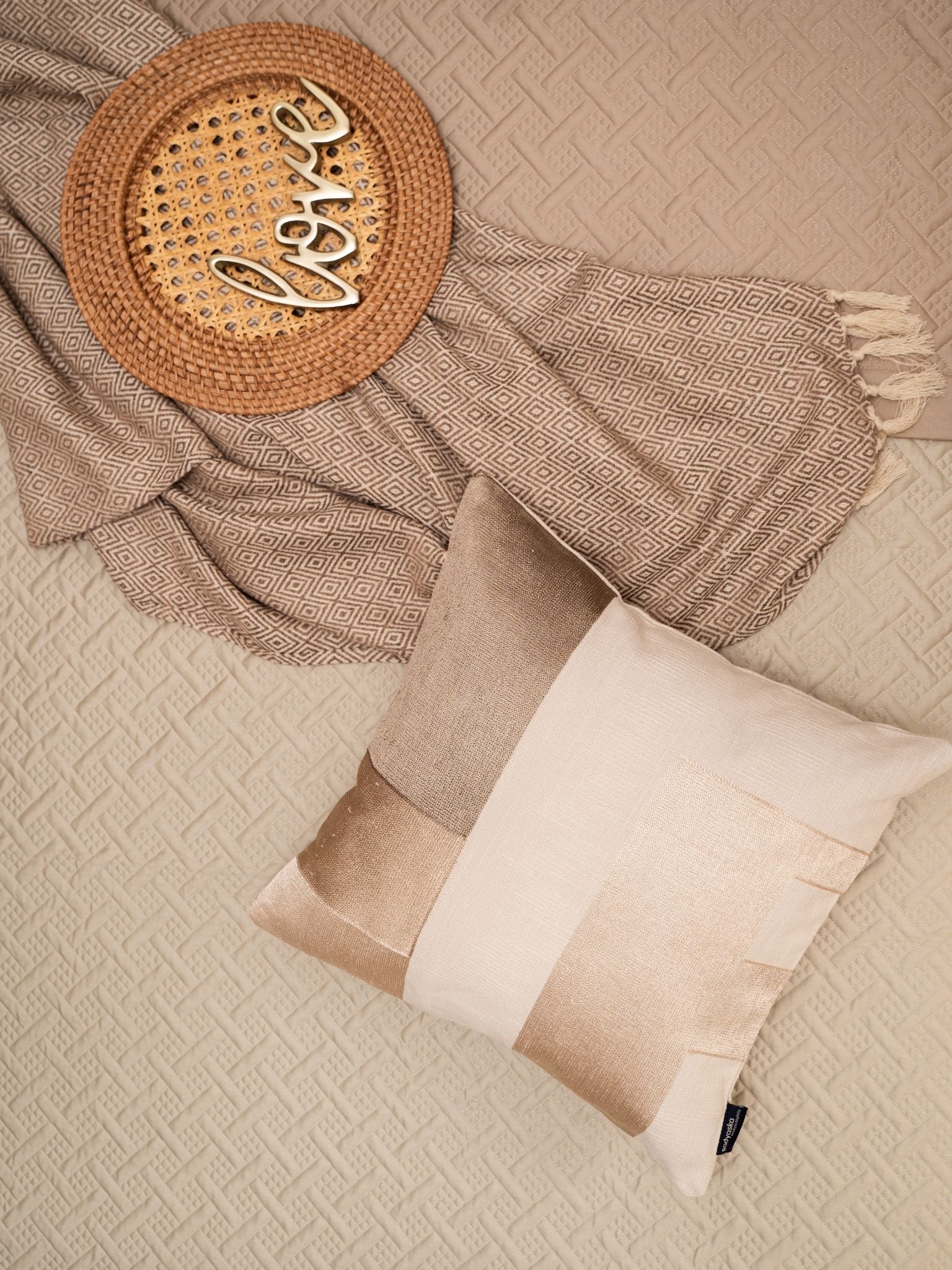 Geochic Cotton Embroidered Beige Cushion Cover 16" X 16"