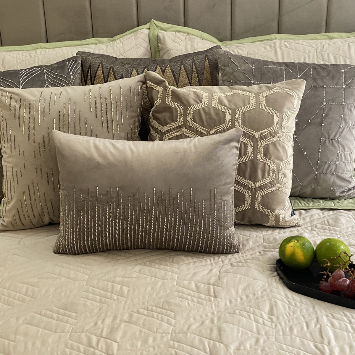Quilted Beige and Lime Green Rhombic Reversible Bedspread